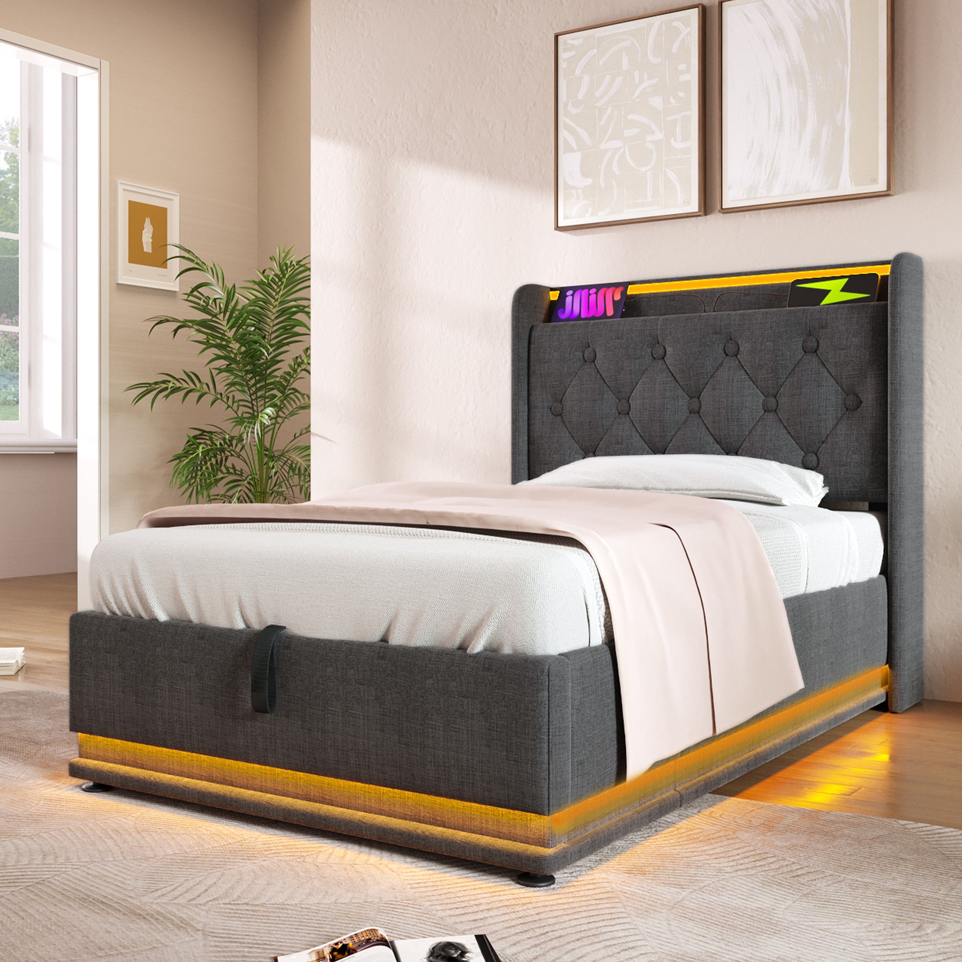 Twin Size Upholstered Bed, 360 Surround Led Function, Buttons Apps Remote Control, Hydraulic Storage Bed With Usb Type C Charging, Gray,Linen Without Mattress Twin Gray Linen
