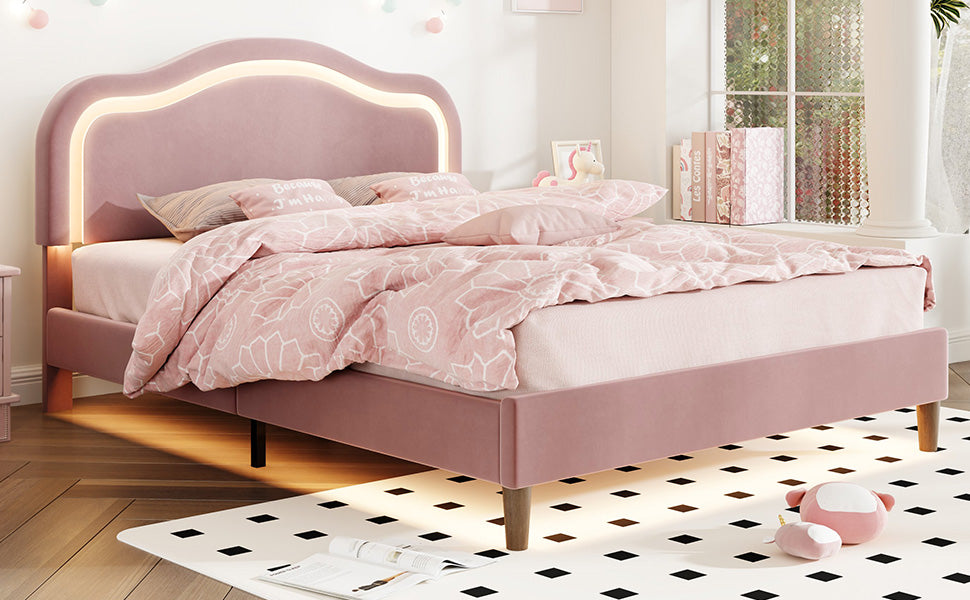 Full Size Velvet Upholstered Smart Led Bed Frame With Adjustable Height Headboard,No Box Spring Needed,Easy Assembly,Pink Box Spring Not Required Full Pink Wood Bedroom Cute,Modern Bed Frame Wood