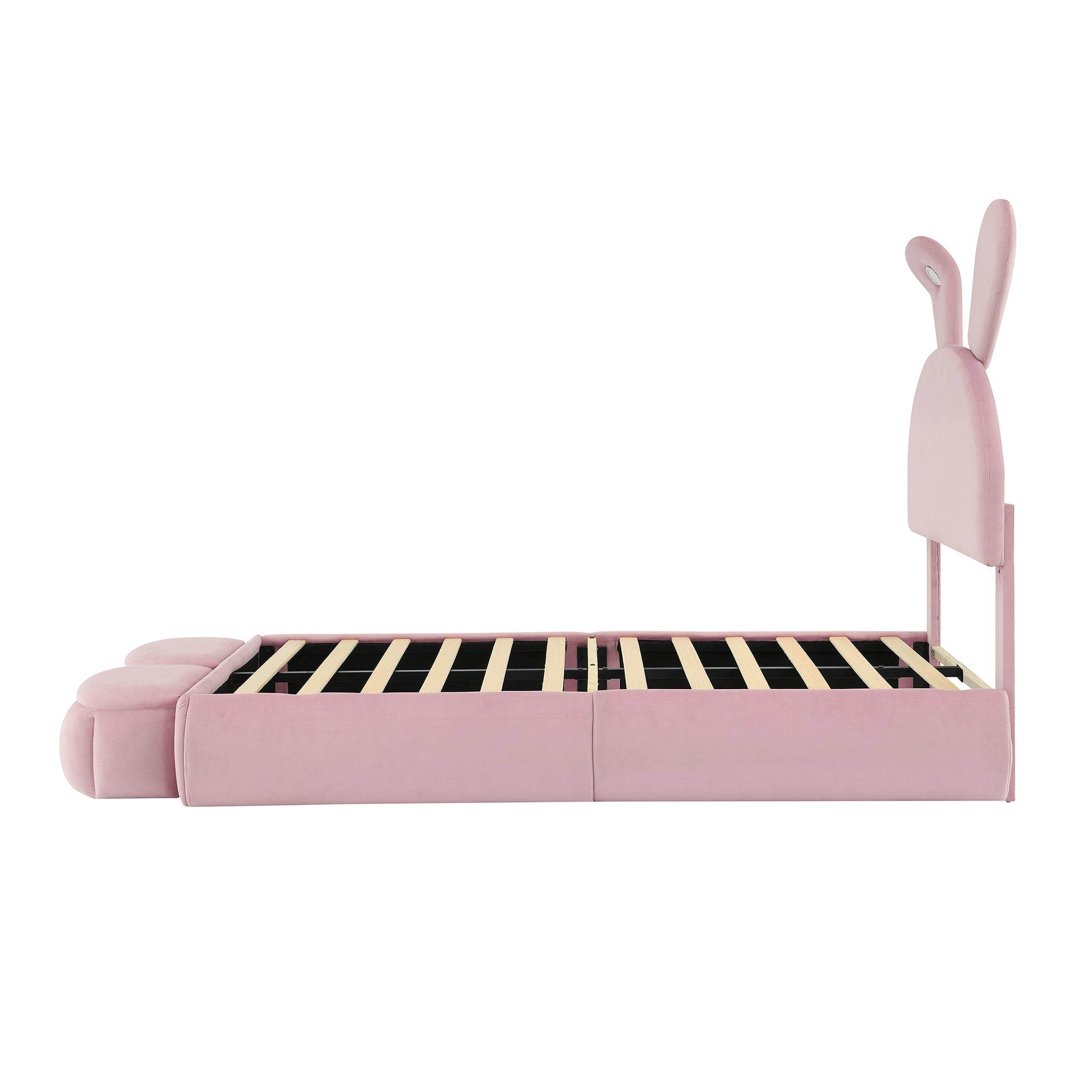 Twin Size Upholstered Platform Bed With Cartoon Ears Shaped Headboard And Light, Pink Box Spring Not Required Twin Pink Wood Bedroom Bed Frame Velvet Upholstered