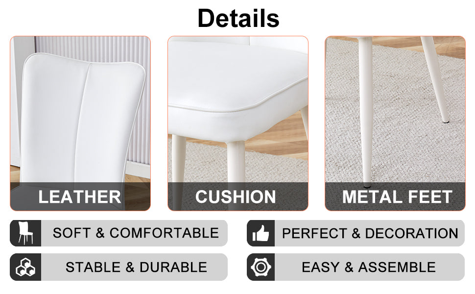 Table And Chair Set, Mdf Desktop, White Metal Table Legs, Stable And Beautiful, Suitable For Most Styles Of Home. Modern Simple Dining Table, Comfortable Seating. White Seats 4 Mdf