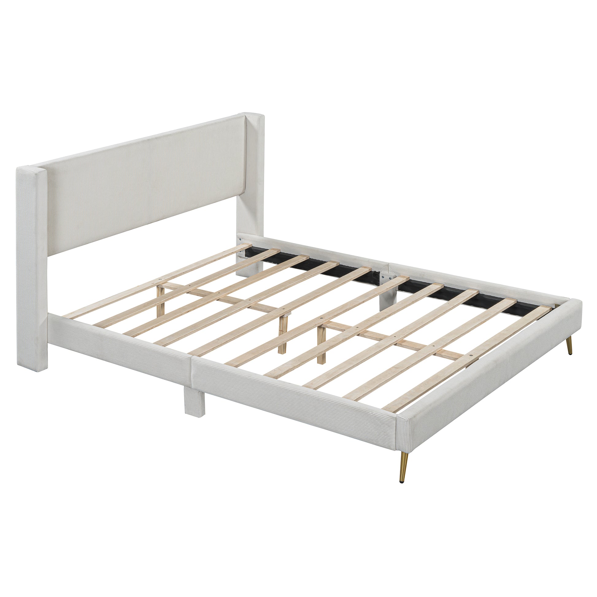 Queen Size Corduroy Platform Bed With Metal Legs, Beige Old Sku:Wf300238Aaa Queen Beige Corduroy