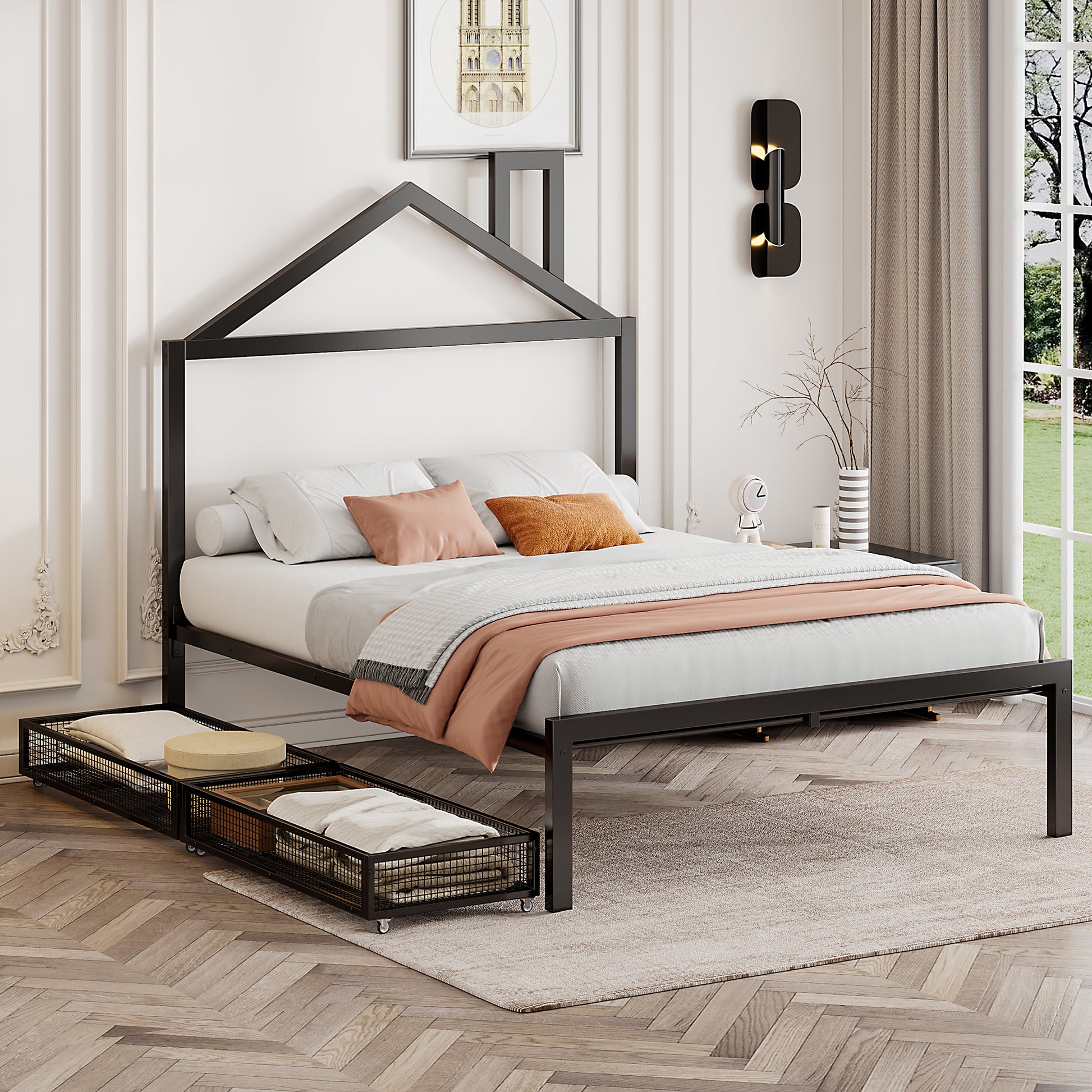 Full Size Metal Platform Bed With Two Drawers,House Shaped Headboard Design, Black Full Black Metal