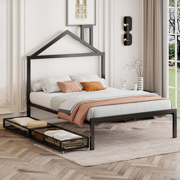 Full Size Metal Platform Bed With Two Drawers,House Shaped Headboard Design, Black Full Black Metal