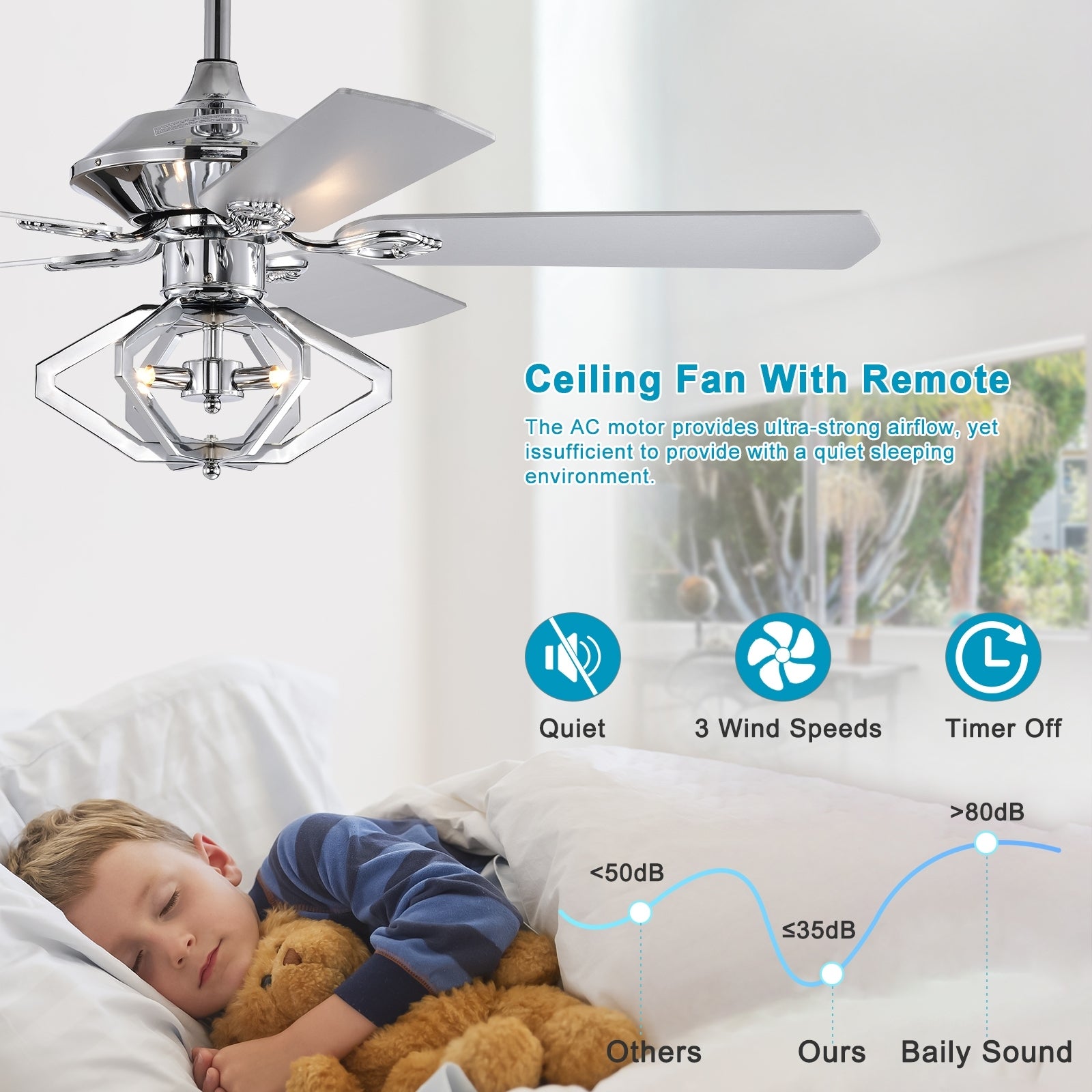 52" Dual Wood 5 Blade Crystal Ceiling Fan With Remote Chrome American Design,American Traditional,Classic,Contemporary,Farmhouse Plywood Metal