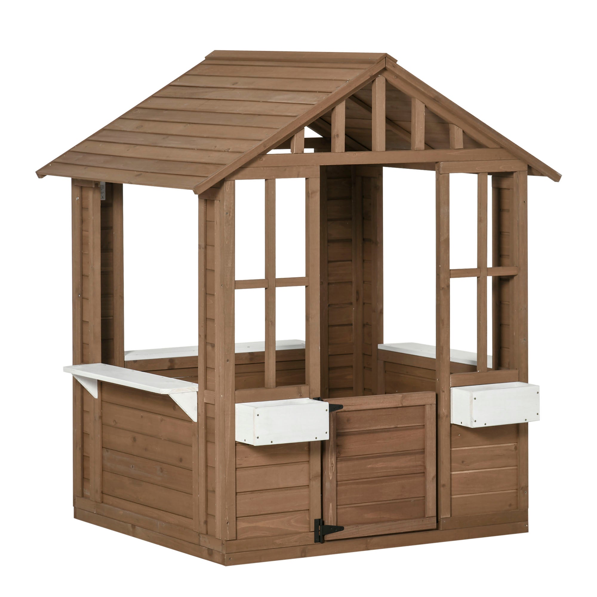 Outsunny Kids Wooden Playhouse, Outdoor Garden Games Cottage, With Working Door, Windows, Flowers Pot Holder, 47" X 38" X 54" Brown Wood