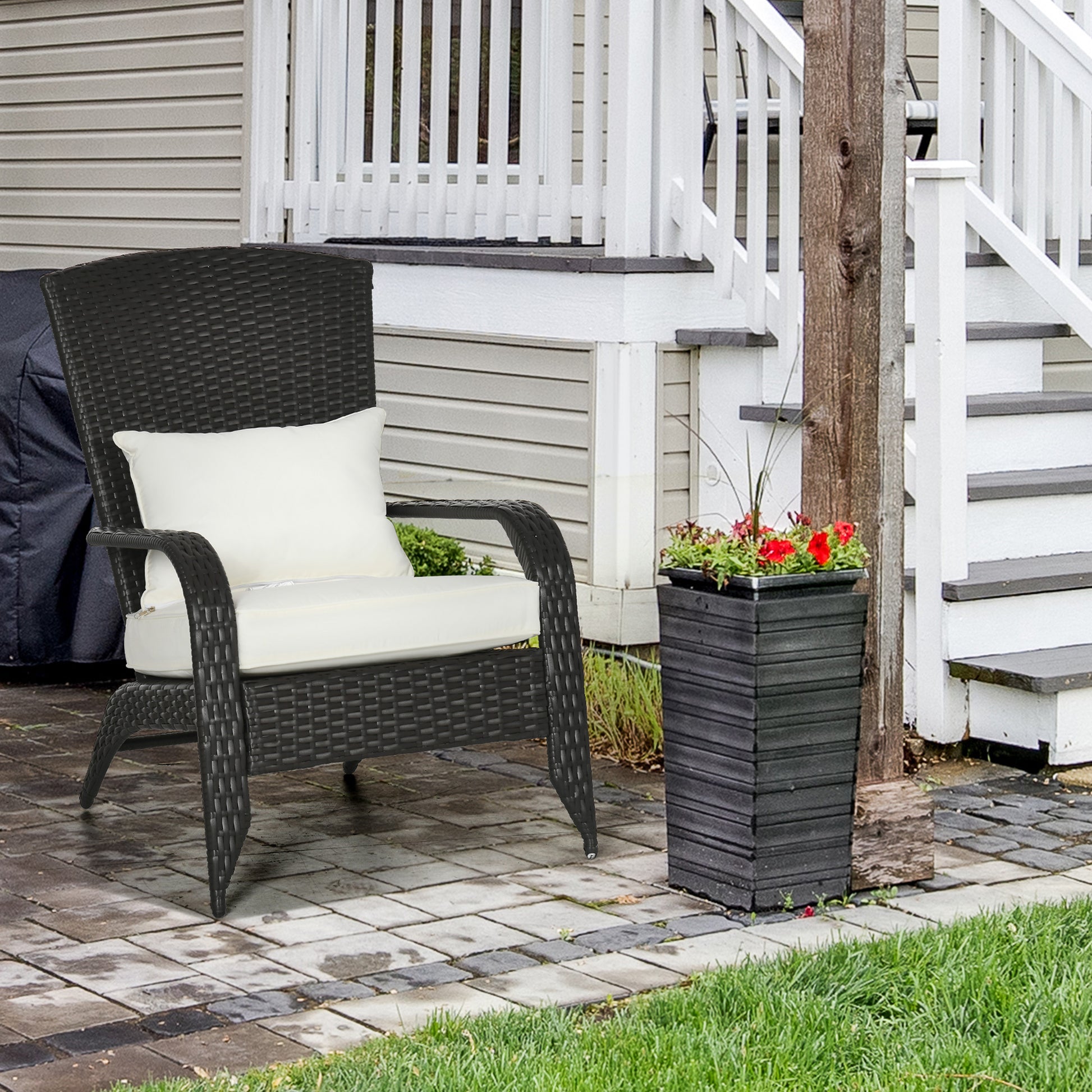 Outsunny Patio Wicker Adirondack Chair, Outdoor All Weather Rattan Fire Pit Chair W Soft Cushions, Tall Curved Backrest And Comfortable Armrests For Deck Or Garden, Cream White Cream White Steel