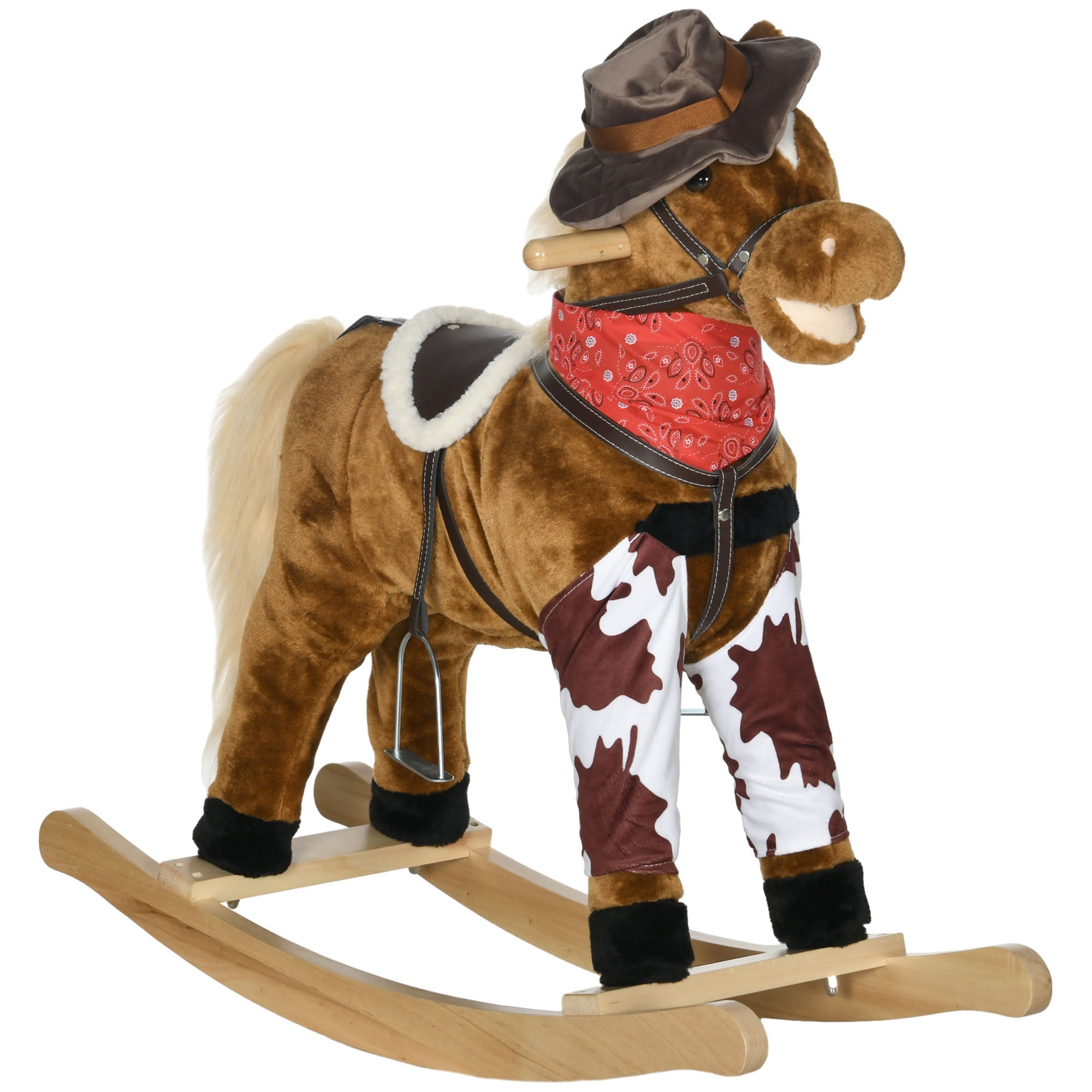 Qaba Baby Rocking Horse, Large Riding Horse, Plush Animal Rocker With Realistic Sound, Saddle, Toy For Boy Girl Ages 3 8 Years Old, Brown Brown Plush