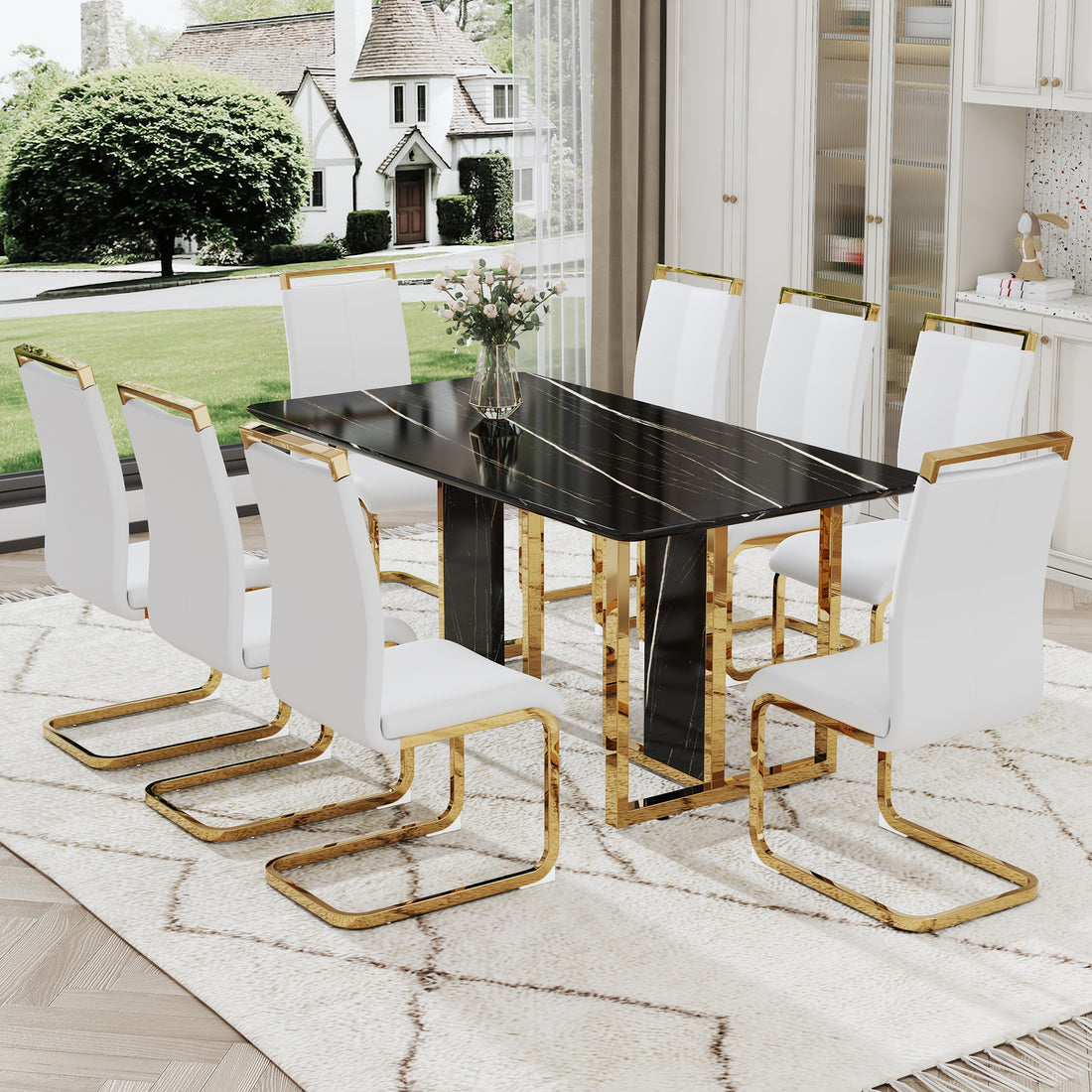 Table And Chair Set. Modern Dining Table With Mdf Top And Beautiful Mdf Legs. Equipped With Comfortable Pu Chairs And Metal Legs. Suitable For A Wide Range Of Decorative Styles. Black,White Seats 8