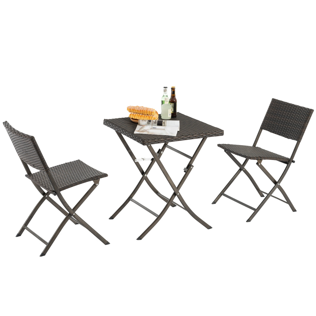 Rattan Patio Bistro Set, 3 Piece Foldable Outdoor Patio Furniture Sets, With Folding Table And Two Chairs, For Garden, Backyard, Pool, Lawn, Porch, Balcony, All Weather Rattan Style Brown Rattan