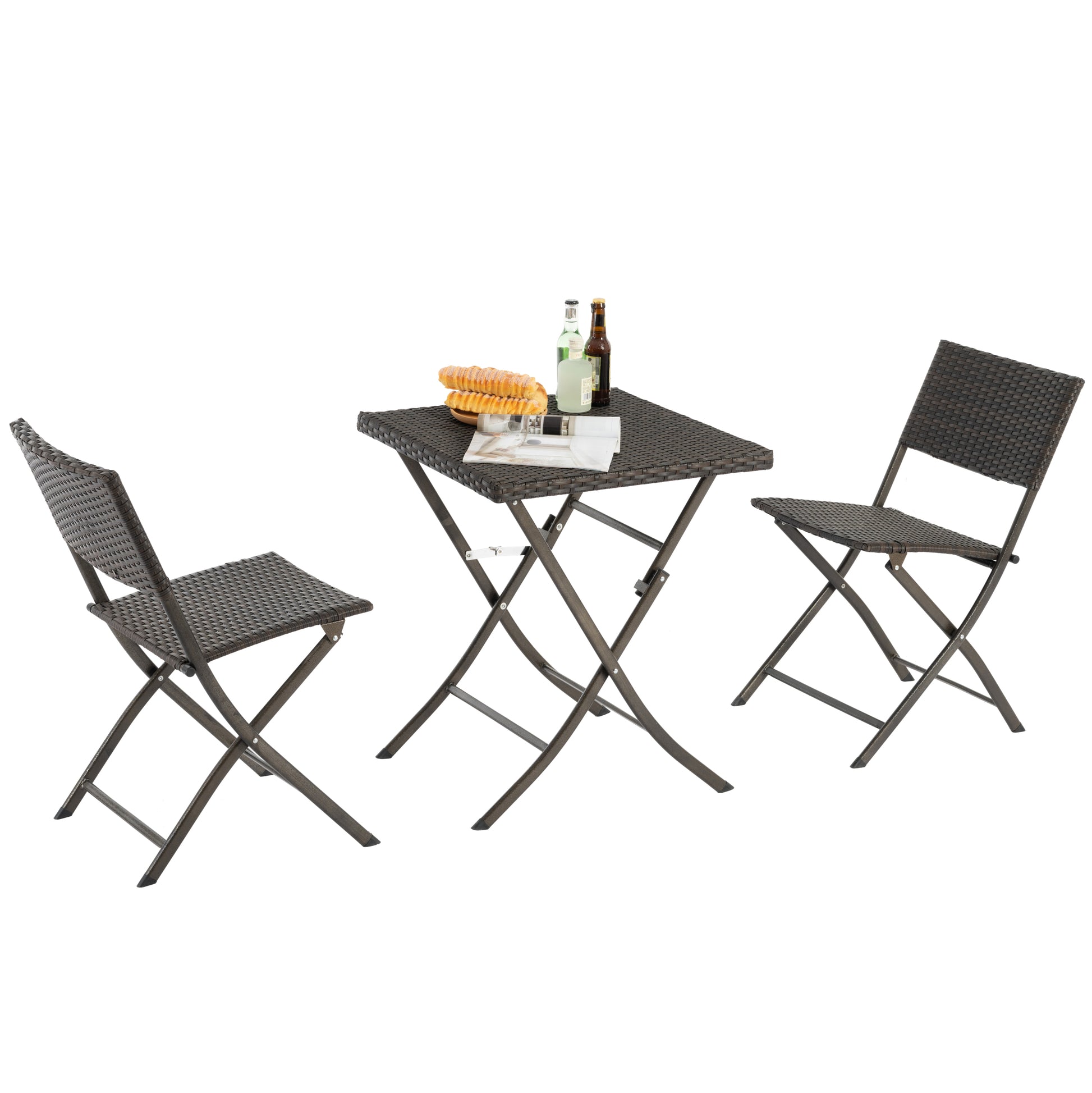 Rattan Patio Bistro Set, 3 Piece Foldable Outdoor Patio Furniture Sets, With Folding Table And Two Chairs, For Garden, Backyard, Pool, Lawn, Porch, Balcony, All Weather Rattan Style Brown Rattan