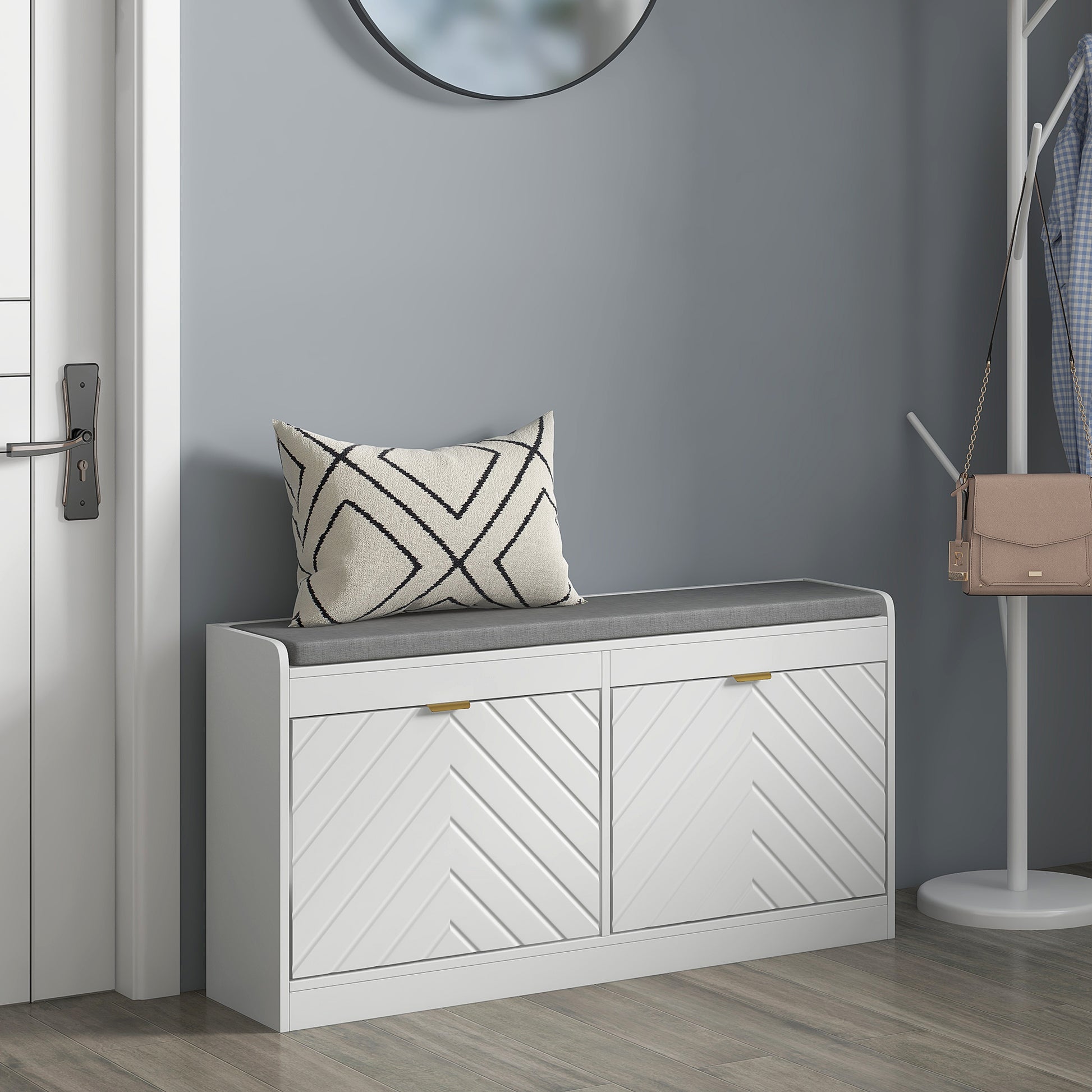 Homcom Shoe Bench, Entryway Bench With 2 Flip Drawers, Seating Cushion, And 2 Vents For 8 Pairs Of Shoes For Hallway, White White Mdf