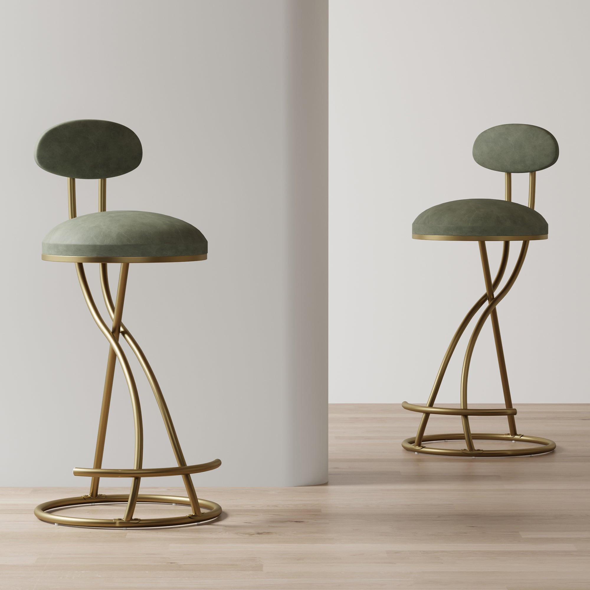 Round Bar Stool Upholstered Dining Stools For Kitchen Counter Set Of 2 Modern Dining Chairs With Backrest & Footrest Gold & Green Metal Green Kitchen Powder Coated Dry Clean Modern Set Of 2 Foam