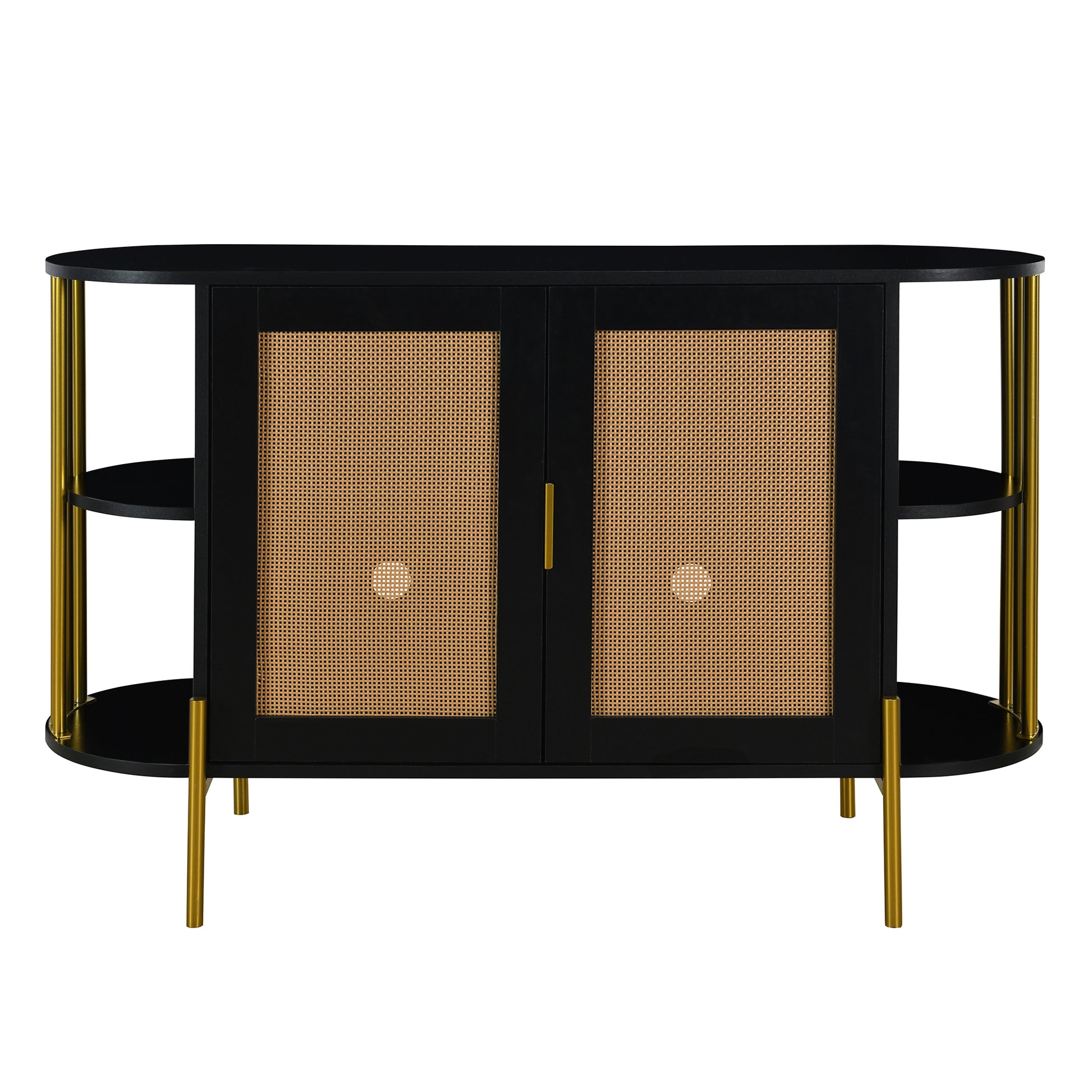 2 Door Elegant Curved Dining Cabinet With Gold Trim And Woven Rattan Doors For Dining Room Black Black Particle Board