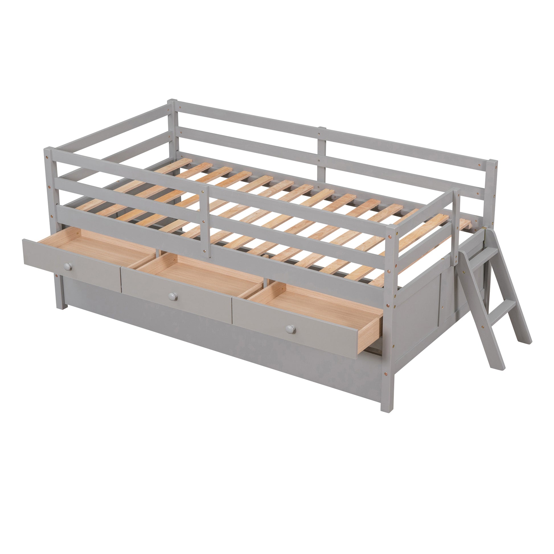 Low Loft Bed Twin Size With Full Safety Fence, Climbing Ladder, Storage Drawers And Trundle Gray Solid Wood Bed Gray Solid Wood