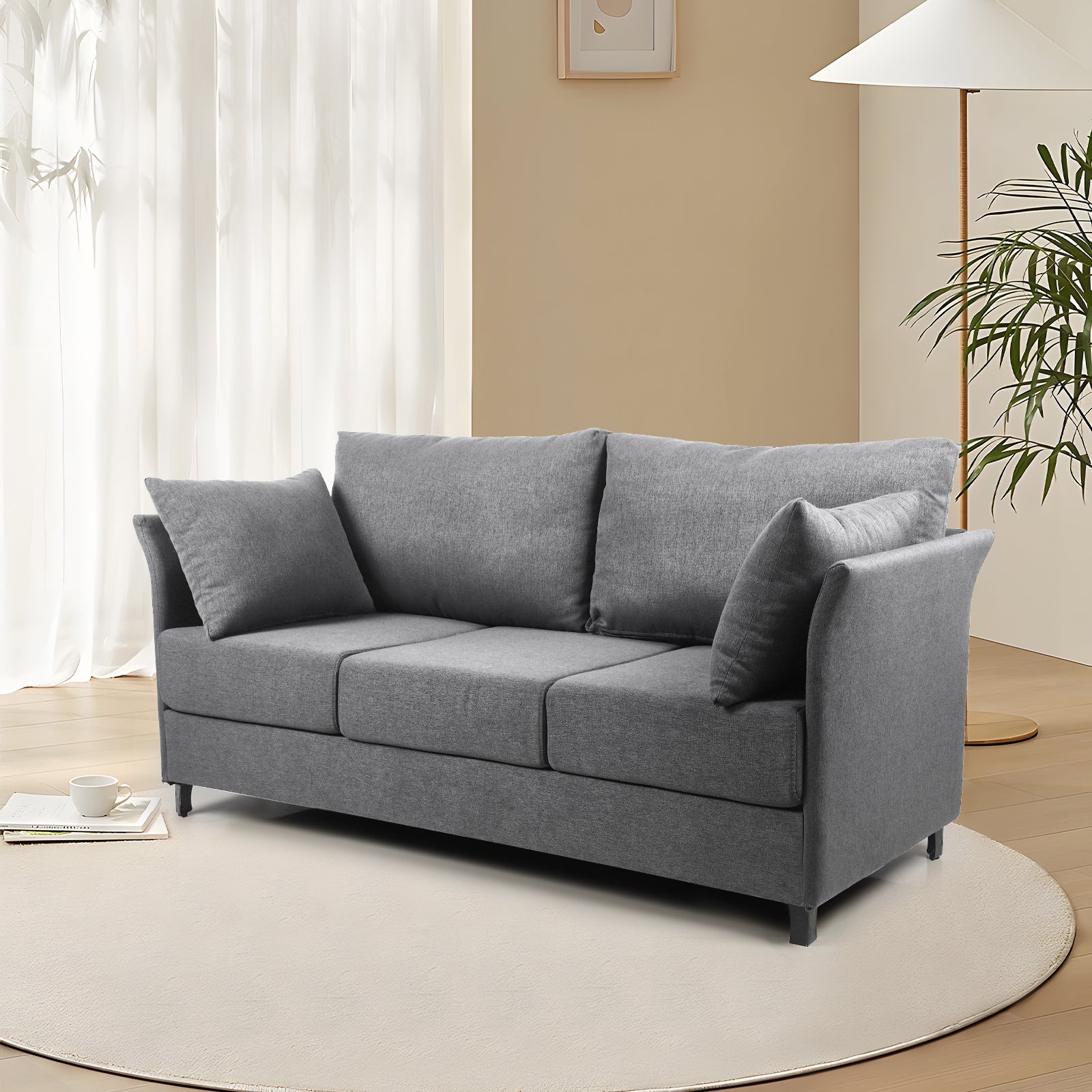 Modern Detachable Sofa 3 Seater Sofa Couches With Metal Frame For Living Room Apartment Bedroom,Linen,Beige Gray Beige Grey Linen 3 Seat