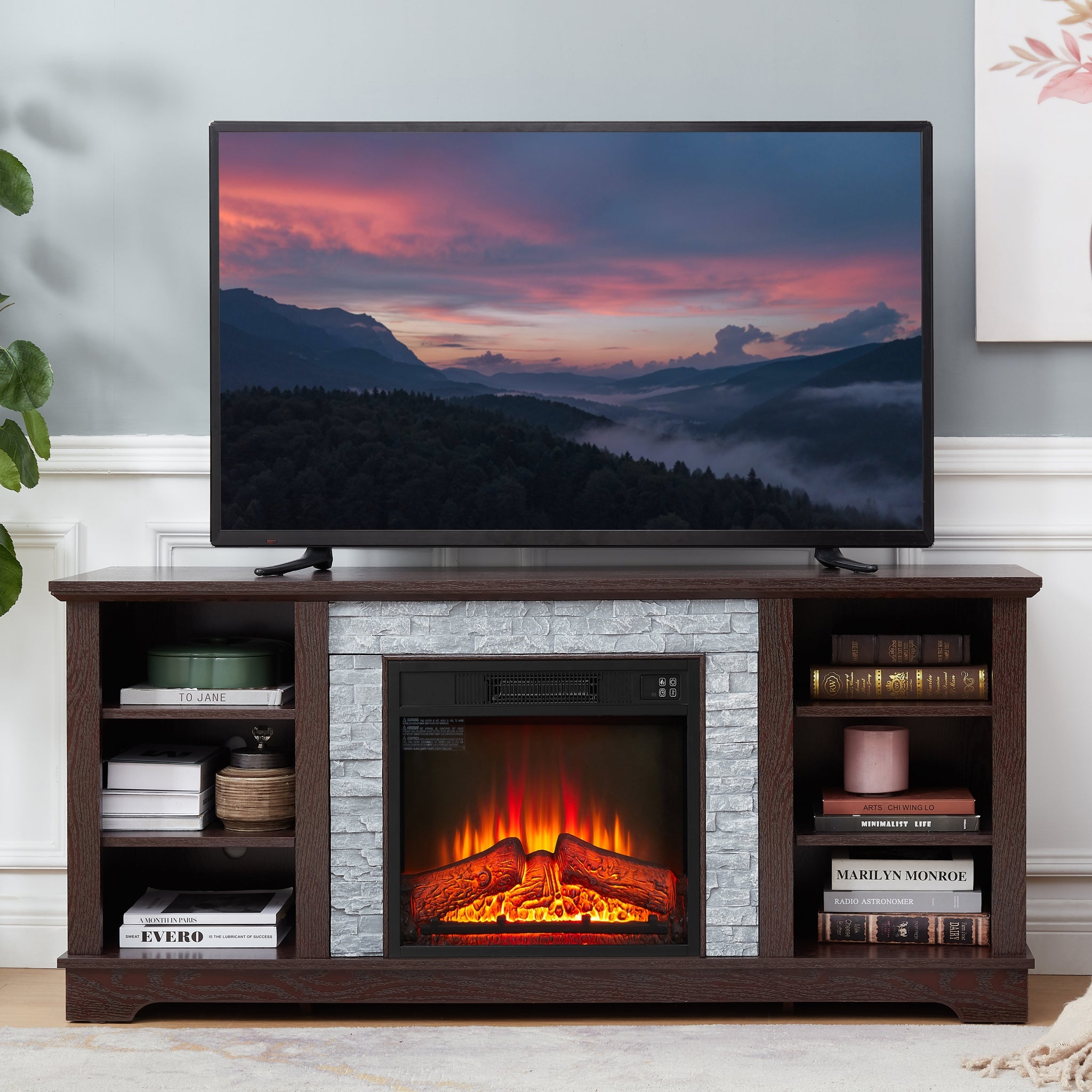 Faux Stacked Stone Tv Media Stand With Open Storage Modern Entertainment Console Space With 18" Fireplace Insert, Cherry, 58.31"W*15.39"D*26.06"H Cherry 60 69 Inches Mdf