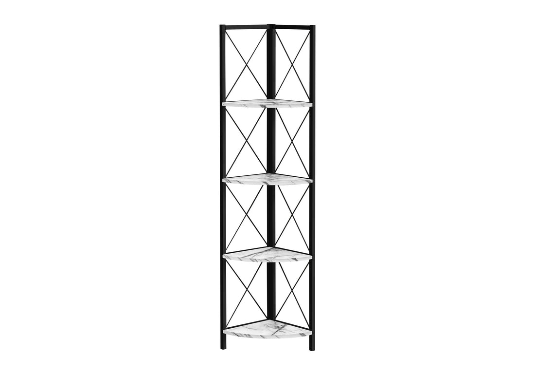 Bookshelf, Bookcase, Etagere, Corner, 4 Tier, 60"H, Office, Bedroom, White Marble Look Laminate, Black Metal, Contemporary, Modern White Metal