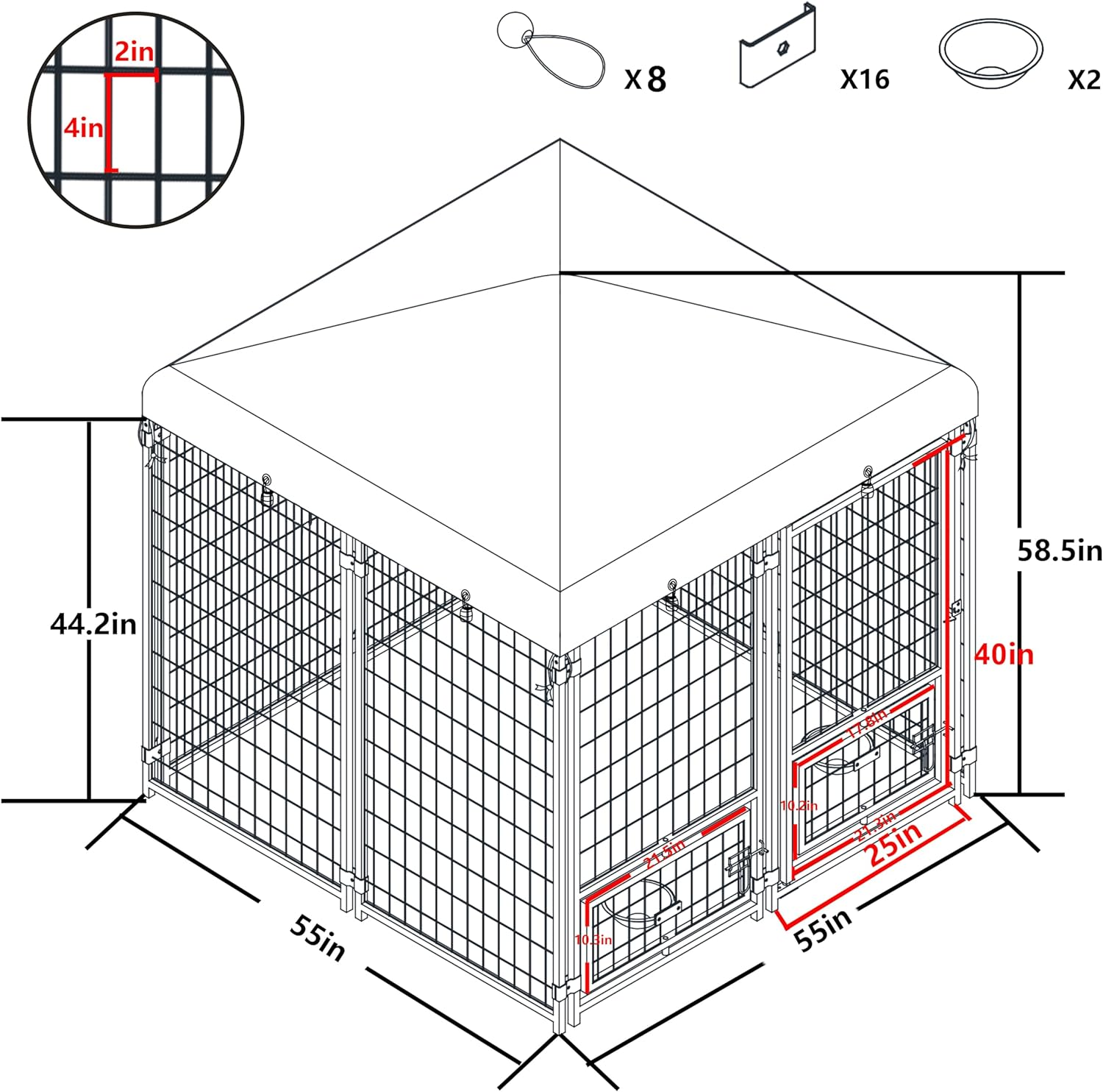 Outdoor Dog Kennel 4.5' X 4.5' X 4.8' With Waterproof Heavy Duty Metal Dog Cage,Outside Dog Enclosure With Lockable Door With Roof & Rotating Feeding Door,2 Bowl Holders And Bowls For Small Medium Dog Grey Outdoor Kennel Metal