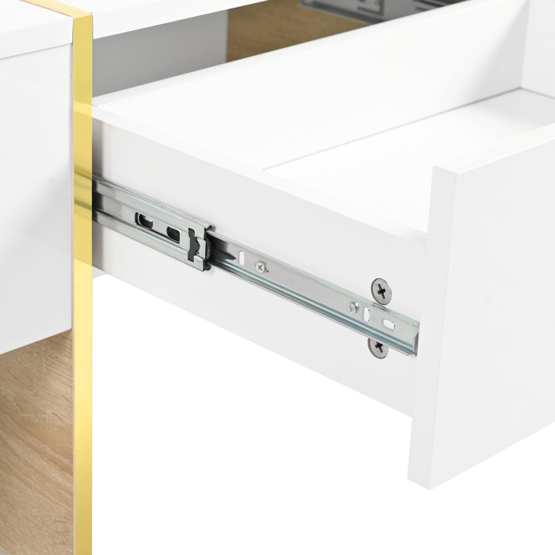 47.2'' X 31.4''Minimalist High Gloss Coffee Table With 2 Drawers, Multi Storage Rectangle Sofa Table With Golden Wood Grain Legs, Modern Center Table For Living Room, White White Particle Board Mdf