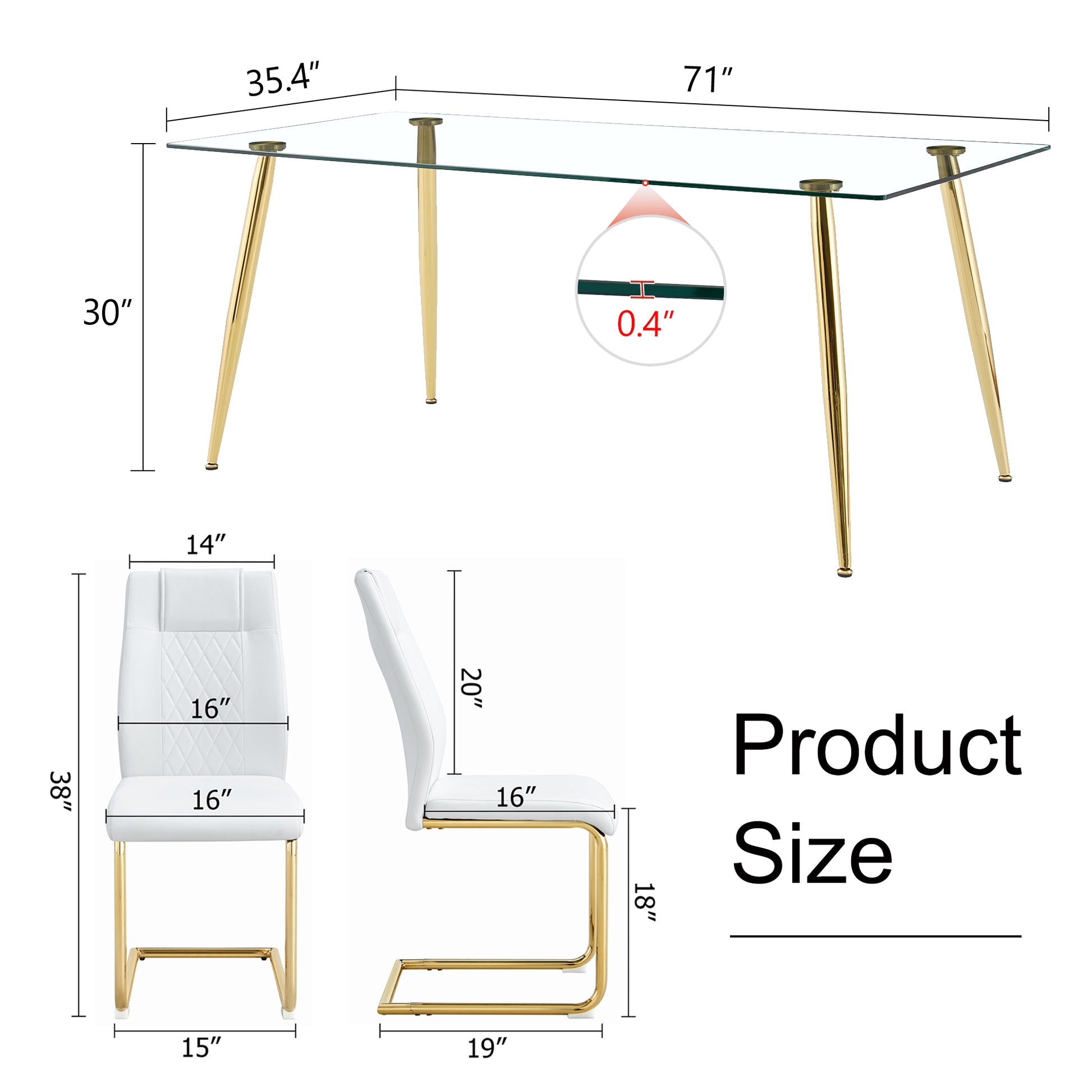 Table And Chair Set.Modern Rectangular Glass Dining Table With A Tempered Glass Tabletop And Metal Legs, Paired With Multiple Chairs Designed With Pu Cushions And Golden Metal Legs. White Gold Seats 8 Tempered Glass