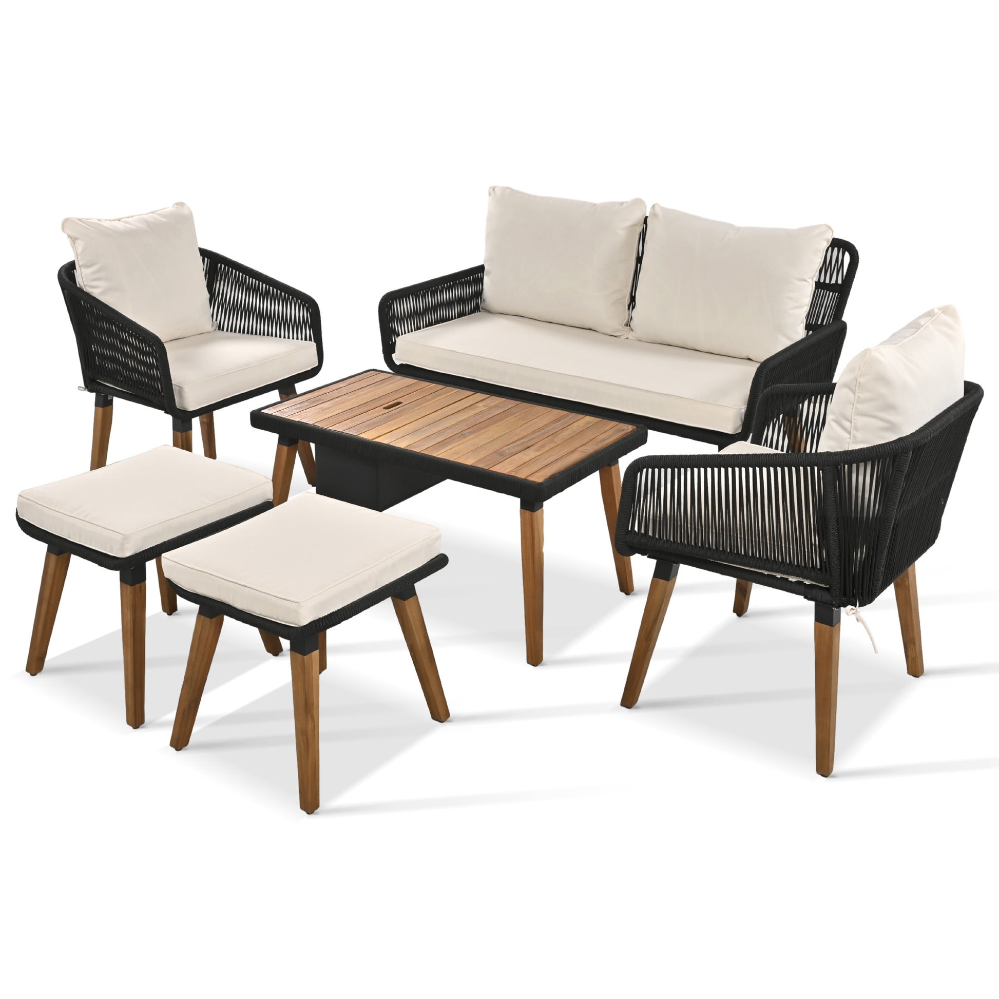 K&K 6 Piece Rope Patio Furniture Set, Outdoor Furniture With Acacia Wood Cool Bar Table With Ice Bucketdeep Seat Patio Conversation Set With Two Stools For Backyard Porch Balcony Black & Beige Yes Complete Patio Set Beige Black Seats 6 Weather Resistant