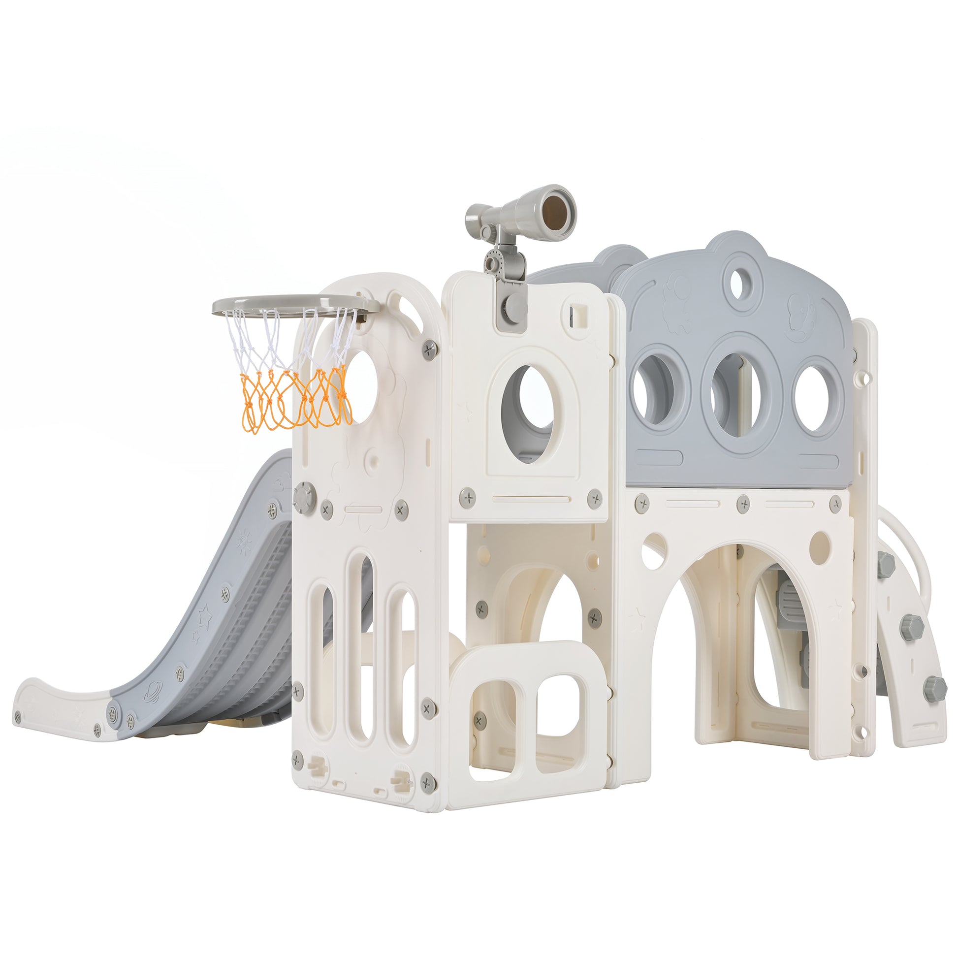 7 In 1 Toddler Slide Set, Freestanding Space Set With Slide, Kids Slide Playset Structure, Arch Tunnel And Basketball Hoop, Toy Storage Organizer For Toddlers, Kids Climbers Playground Grey White 50 99 Lbs Cute 1 To 2 Years Hdpe Indoor & Outdoor Use