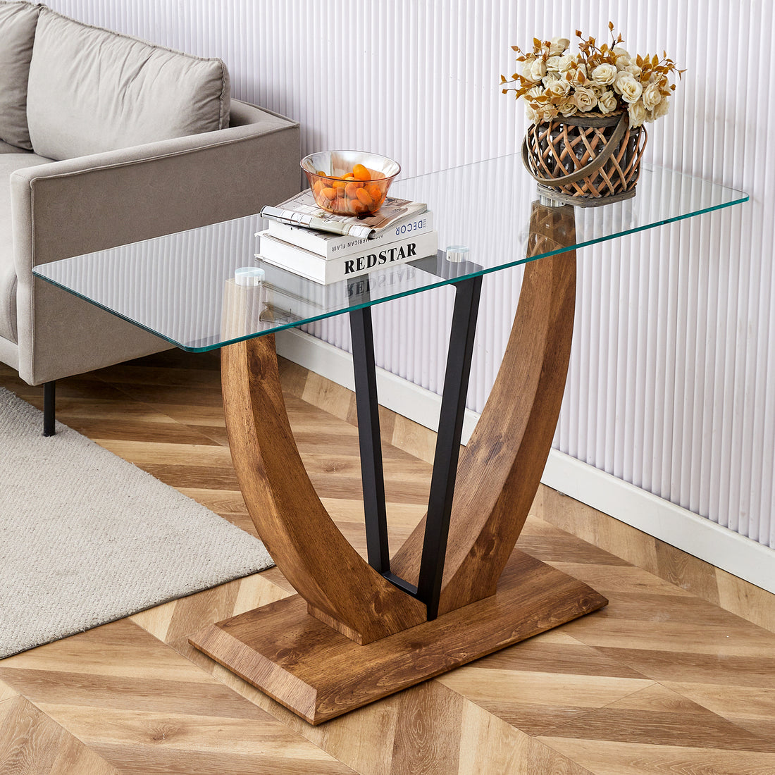 Modern Minimalist Rectangular Glass Table With 0.39 "Tempered Glass Top And Mdf Wood Grain Sticker Legs, Suitable For Entrance And Living Room. Transparent Glass