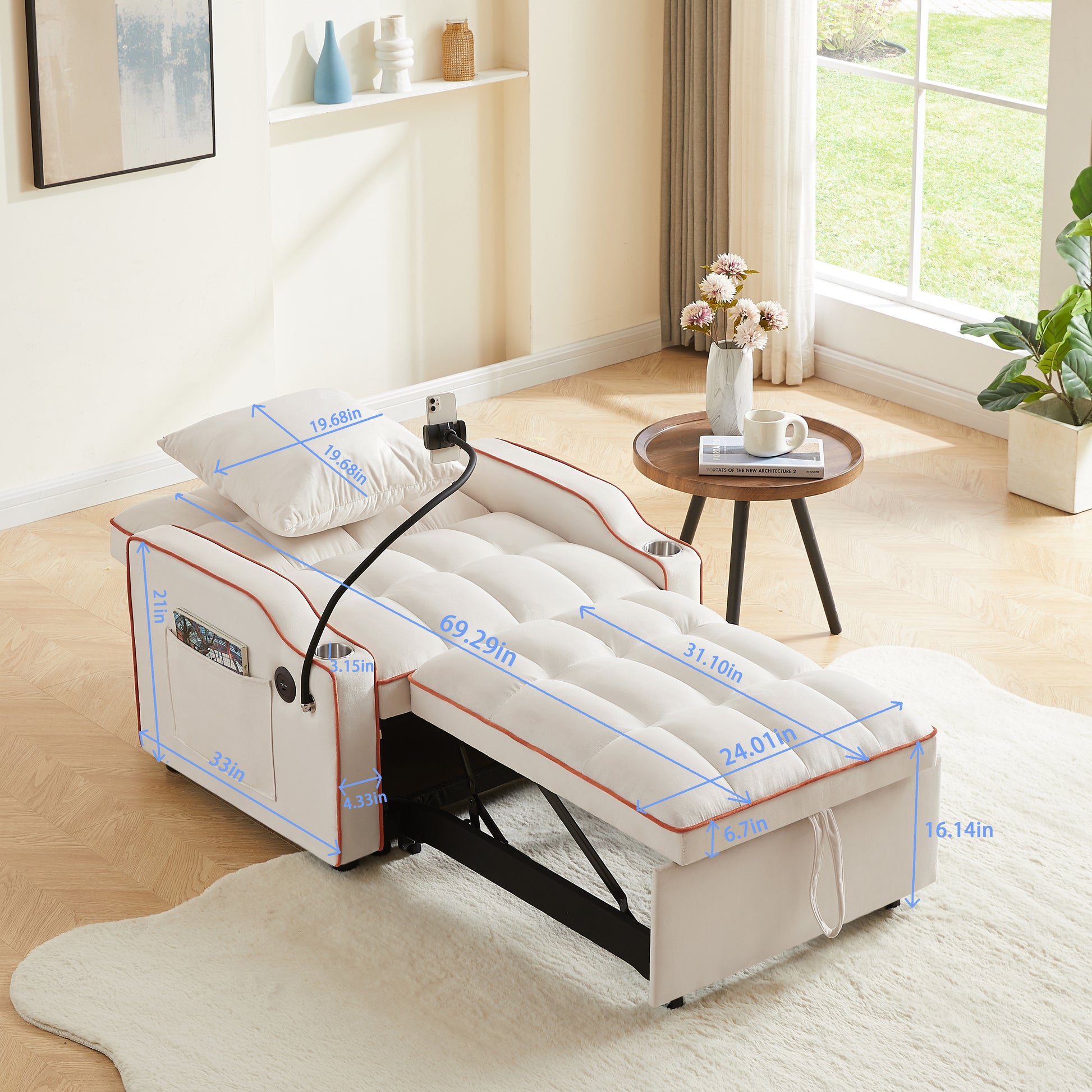 3 In 1 Sofa Bed, Convertible Sleeper Chair Sofa Bed Adjustable Pull Out Sleeper Chair Bed Multi Pockets Folding Sofa Bed For Living Room Bedroom Small Space Beige Velvet 1 Seat
