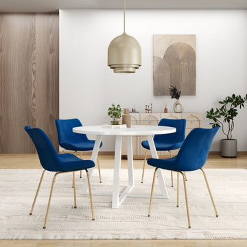 Avant 5 Piece Round Dining Set, Trestle Dining Table With 4 Side Chairs White Wood Dining Room Solid Wood Rubberwood Round Dining Table With Chair Wood Wood White Blue Slat Back Seats 4 Contemporary,Modern Round Trestle Solid Wood Mdf Wood Metal