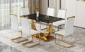 Table And Chair Set.Modern Rectangular Dining Table With Black Textured Stickers Glass Tabletop And Gold Plated Metal Legs.Paried With 6 Comfortable Chairs With Pu Seats And Golden Metal Legs. White Gold Seats 6 Glass Metal