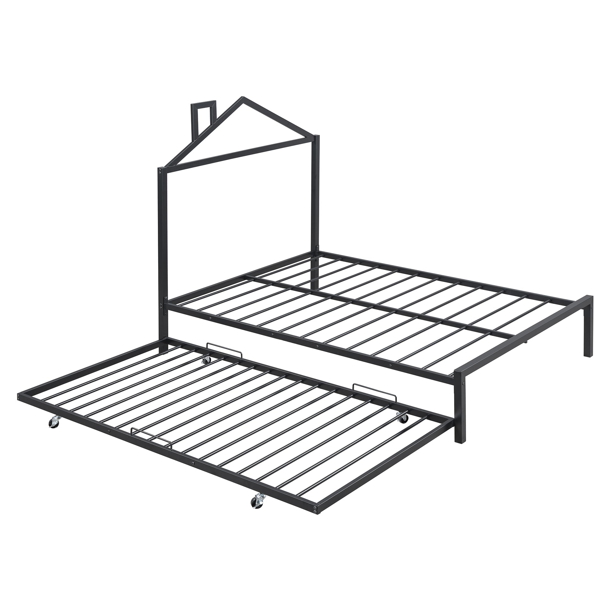 Full Size Metal Platform Bed With Twin Size Trundle,House Shaped Headboard Design, Black Full Black Metal