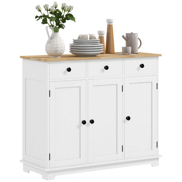 Homcom Sideboard With Solid Wood Countertop, Modern Kitchen Storage Cabinet, Coffee Bar Cabinet With 3 Drawers, Doors And Adjustable Shelf, Distressed White White Wood