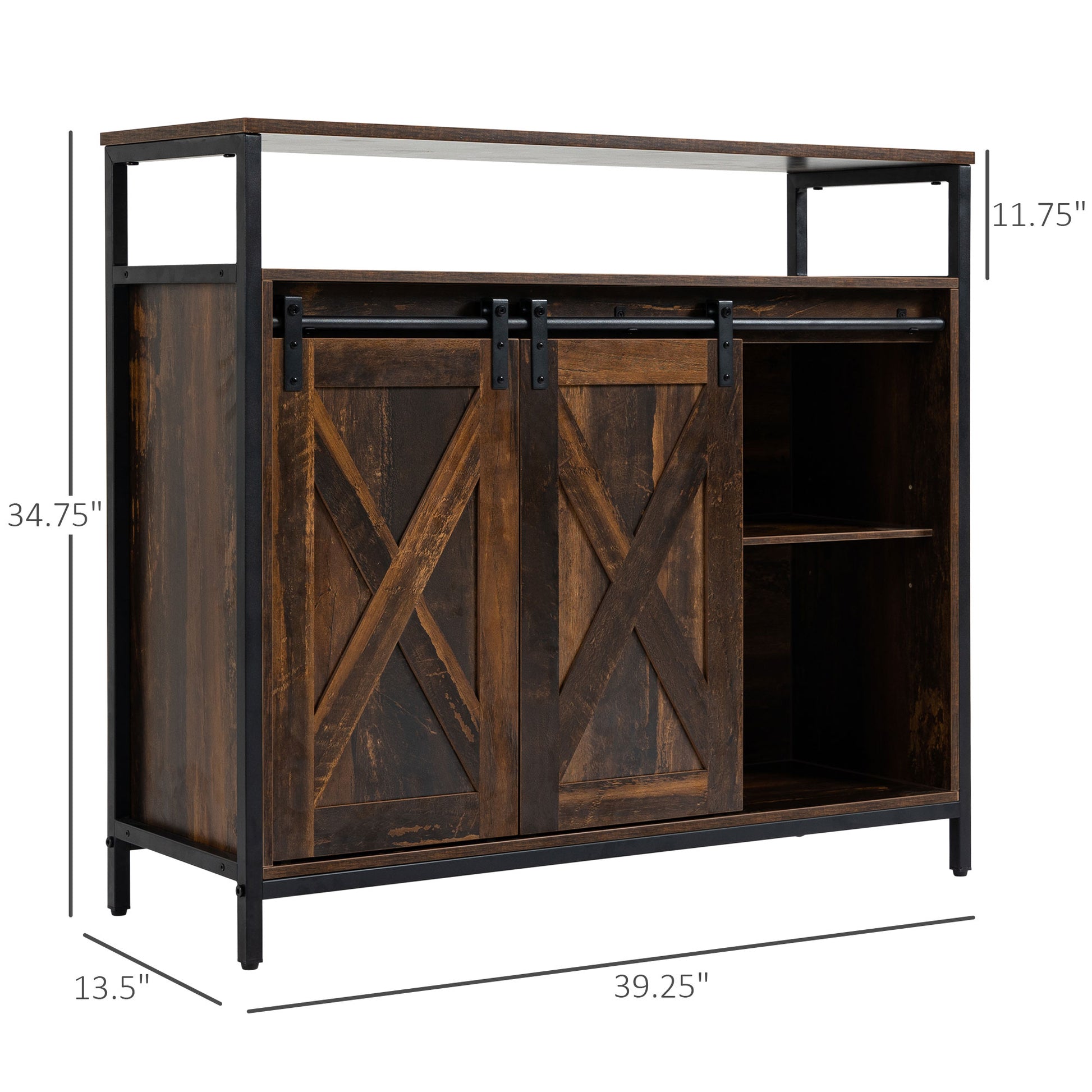 Homcom Industrial Sideboard Buffet Cabinet, Kitchen Cabinet With Sliding Barn Doors, Coffee Bar Cabinet With Stemware Racks, Drawer And Adjustable Shelves, Rustic Brown Rustic Brown Mdf Steel