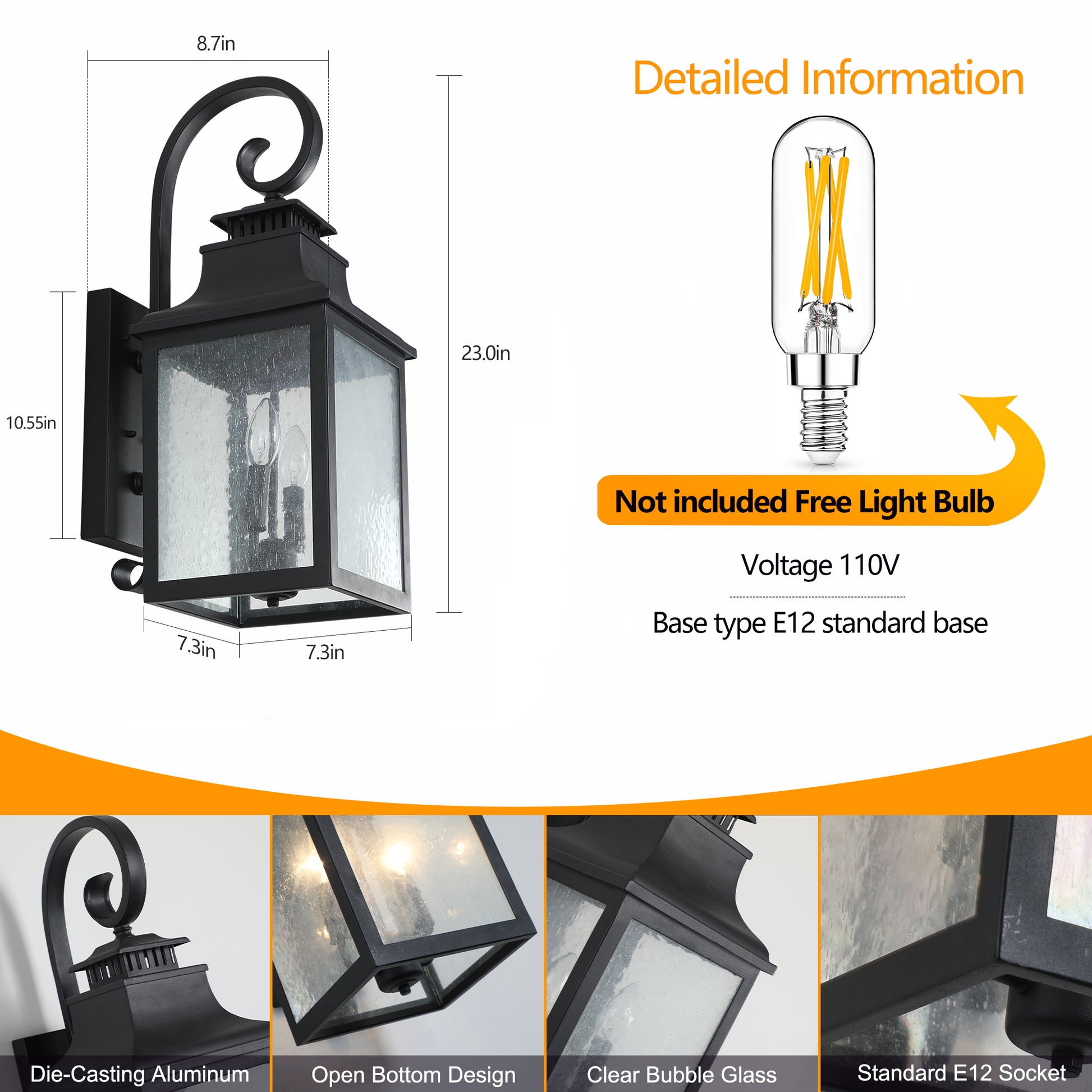 Large Outdoor Wall Lamps With Glass Supports Multiple Types Of Light Bulbs 1 Pack Black Modern Glass Aluminium