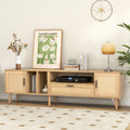 Rattan Tv Stand With 2 Cabinets & 2 Open Shelves, Rattan Inspired Media Console Table For Tvs Up To 80'', Entertainment Center With Solid Wood Legs, Tv Cabinet For Living Room, Bedroom, Home Theatre Natural Wood Primary Living Space 60 69 Inches 60 69