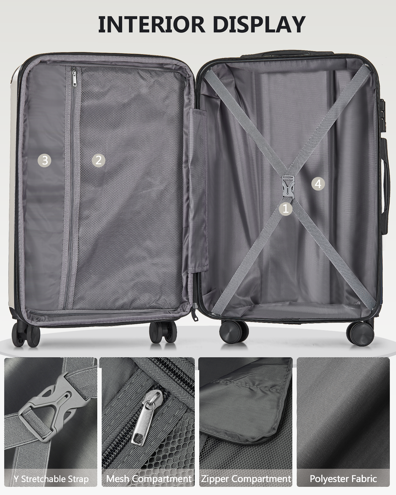 20 Inch Carry On Luggage With Tsa Lock& Double Spinner Wheels, Expandable For Large Storage Off White Abs