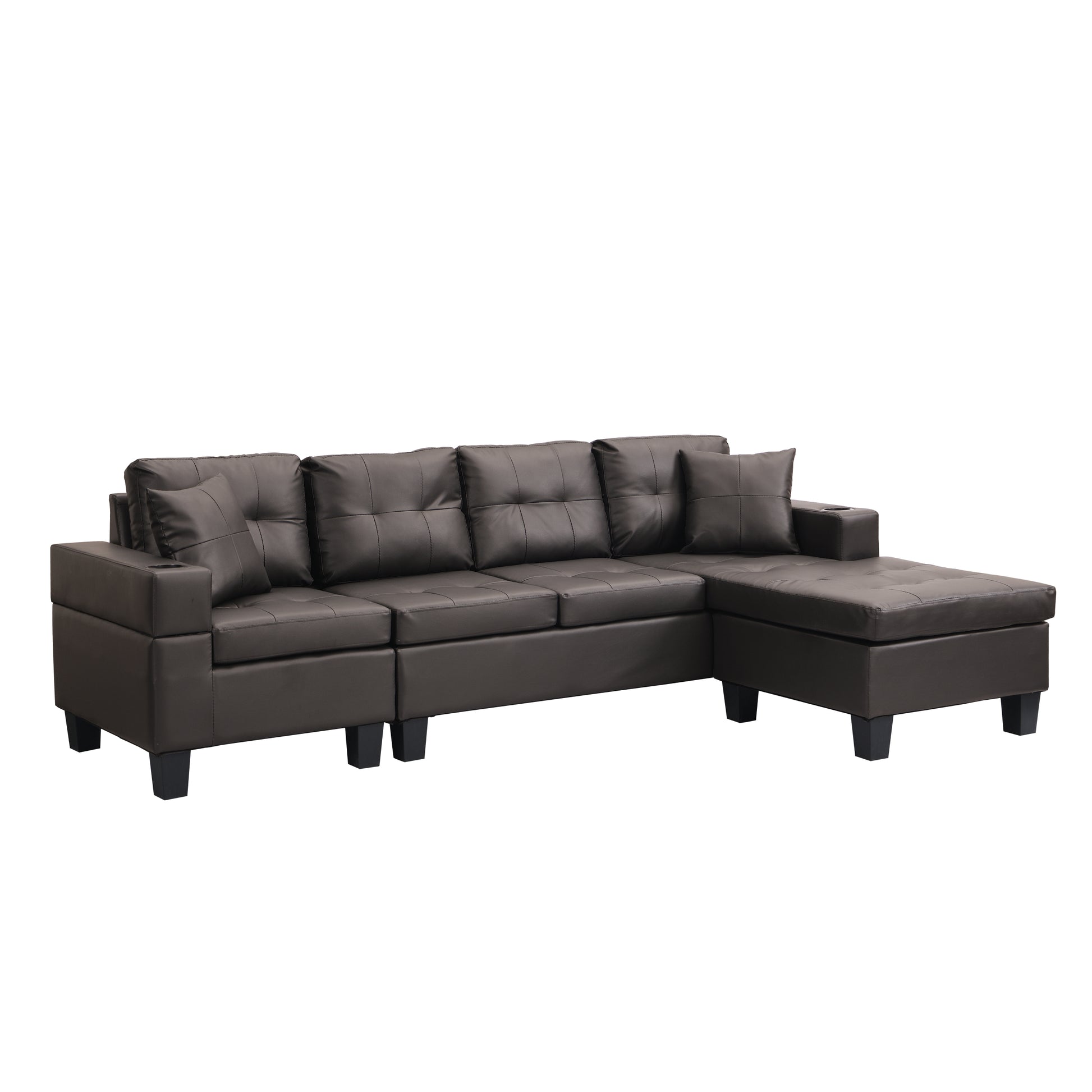 Sectional Sofa Set For Living Room With L Shape Chaise Lounge ,Cup Holder And Left Or Right Hand Chaise Modern 4 Seat Chocolate Brown Dark Brown Pu 4 Seat