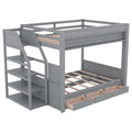 Wood Full Size Convertible Bunk Bed With Storage Staircase, Bedside Table, And 3 Drawers, Gray Gray Solid Wood Mdf