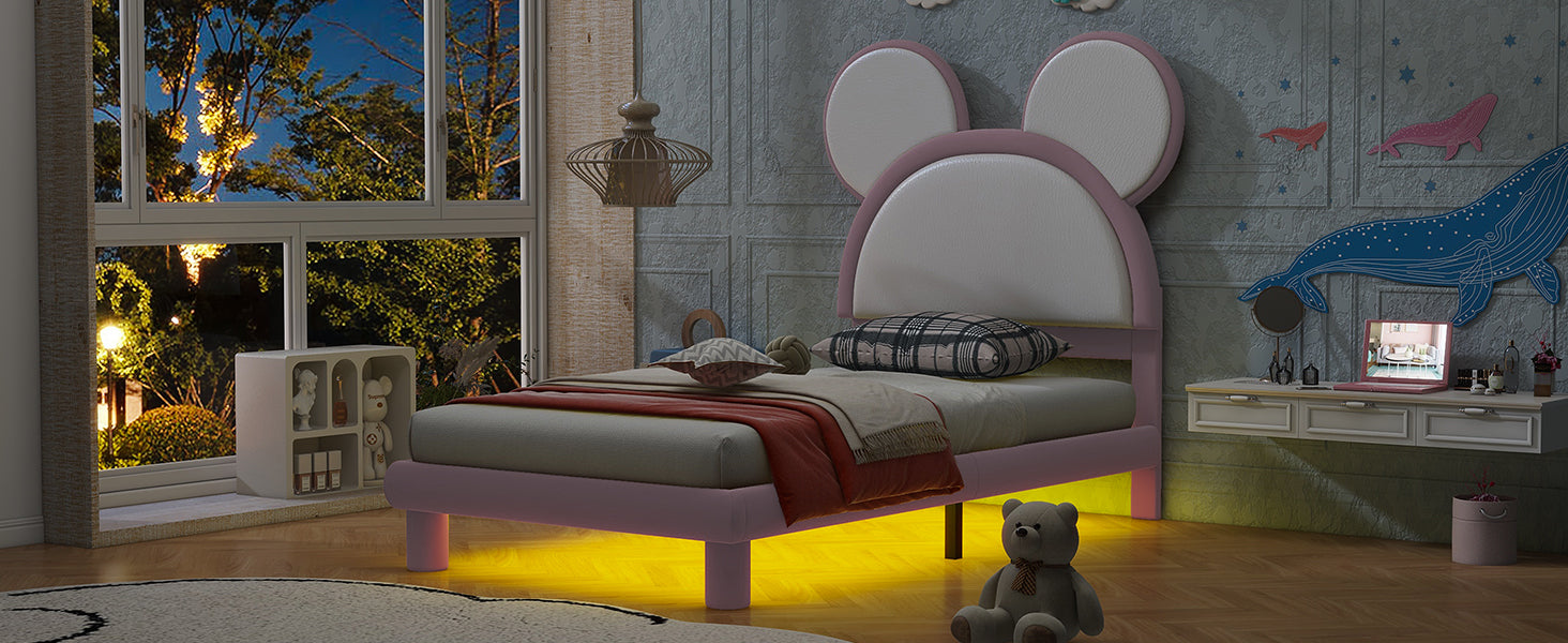 Twin Size Upholstered Platform Bed With Cartoon Ears Shaped Headboard And Led, White&Pink Box Spring Not Required Twin White Pink Bedroom Bed Frame Faux Leather Upholstered