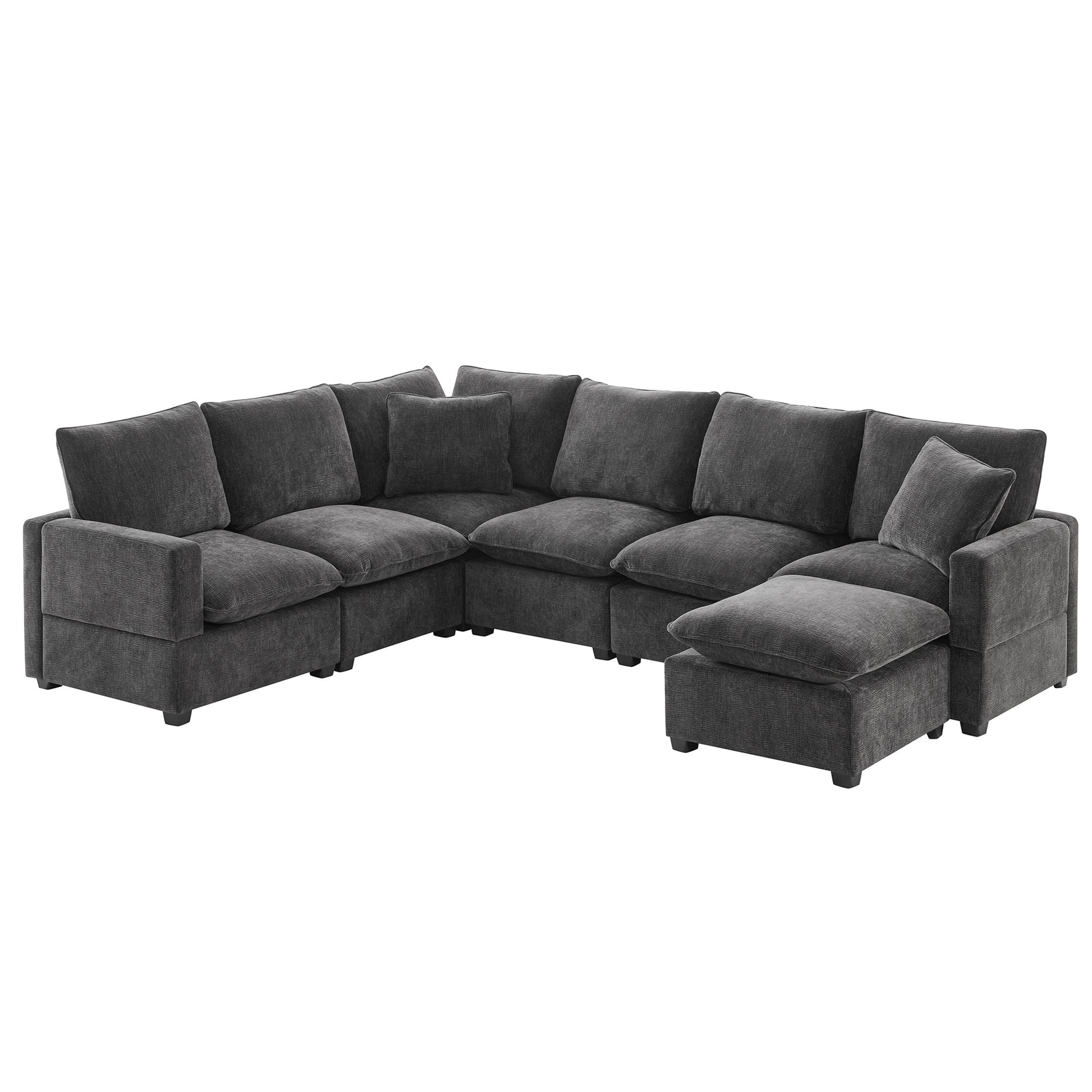 110*84" Modern U Shape Modular Sofa, 7 Seat Chenille Sectional Couch Set With 2 Pillows Included, Freely Combinable Indoor Funiture For Living Room, Apartment, Office, 2 Colors Black Grey Chenille 7 Seat