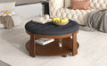 Modern Large Round Ottoman Coffee Table 2 Tier Oversized Button Tufted Ottoman With Wood Shelf Storage Upholstered Coffee Table For Living Room Footrest Ottoman With Wheel, Waterproof Linen Black Brown Rubber Wood