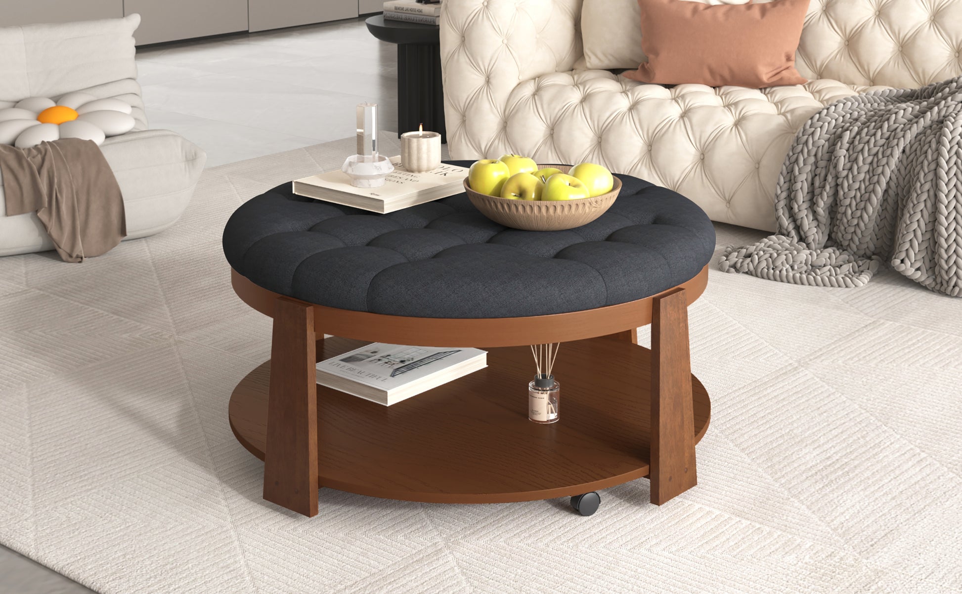 Modern Large Round Ottoman Coffee Table 2 Tier Oversized Button Tufted Ottoman With Wood Shelf Storage Upholstered Coffee Table For Living Room Footrest Ottoman With Wheel, Waterproof Linen Black Brown Rubber Wood