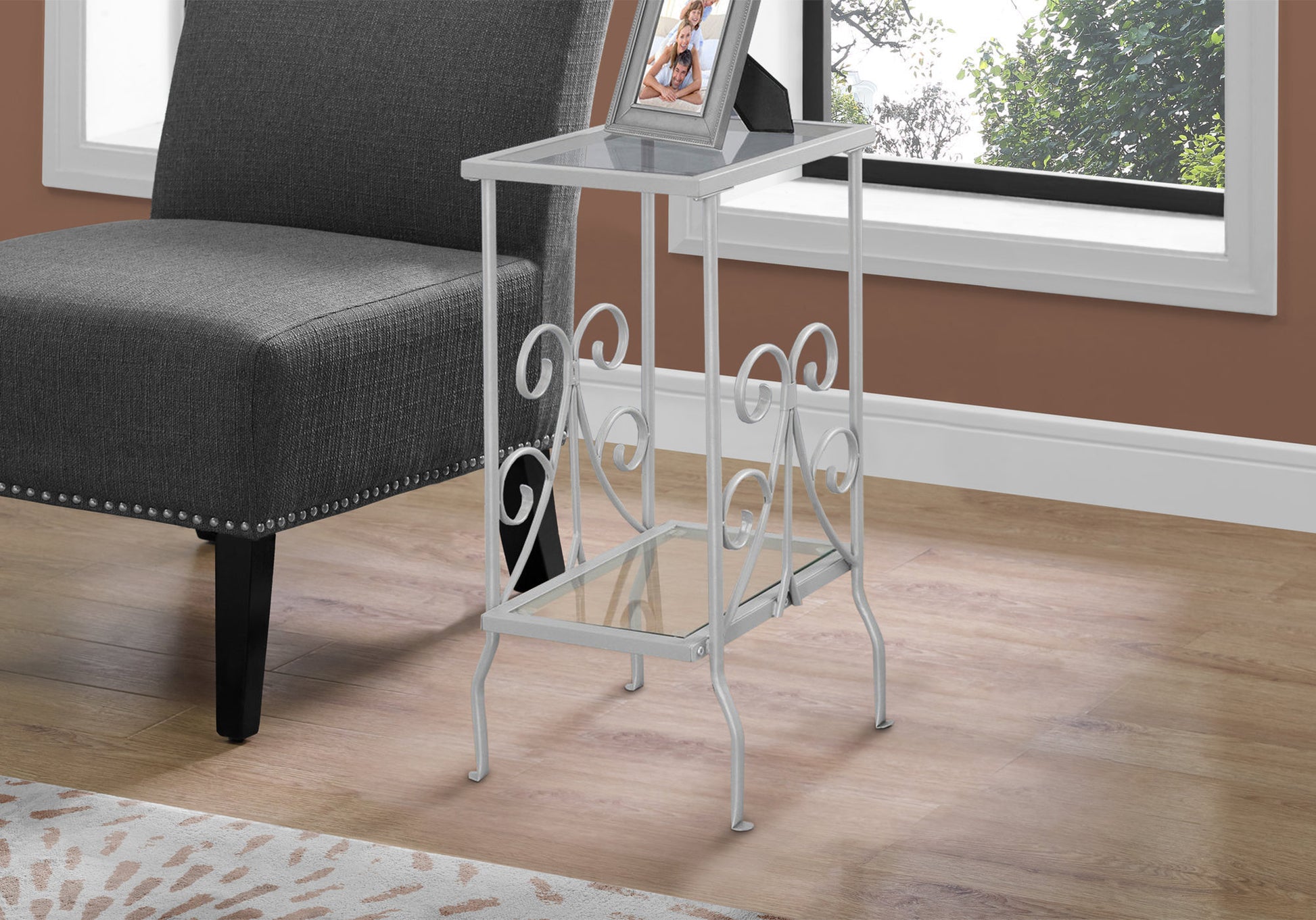 Accent Table, Side, End, Nightstand, Lamp, Living Room, Bedroom, Tempered Glass, Grey Metal, Transitional Silver Metal