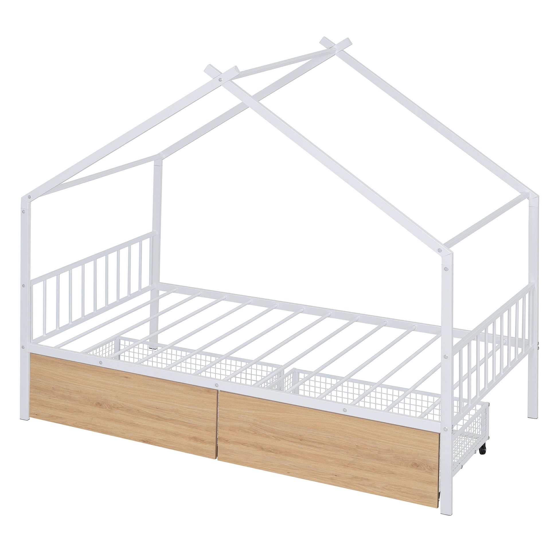 Twin Size Metal House Bed With Two Drawers, White Twin White Metal