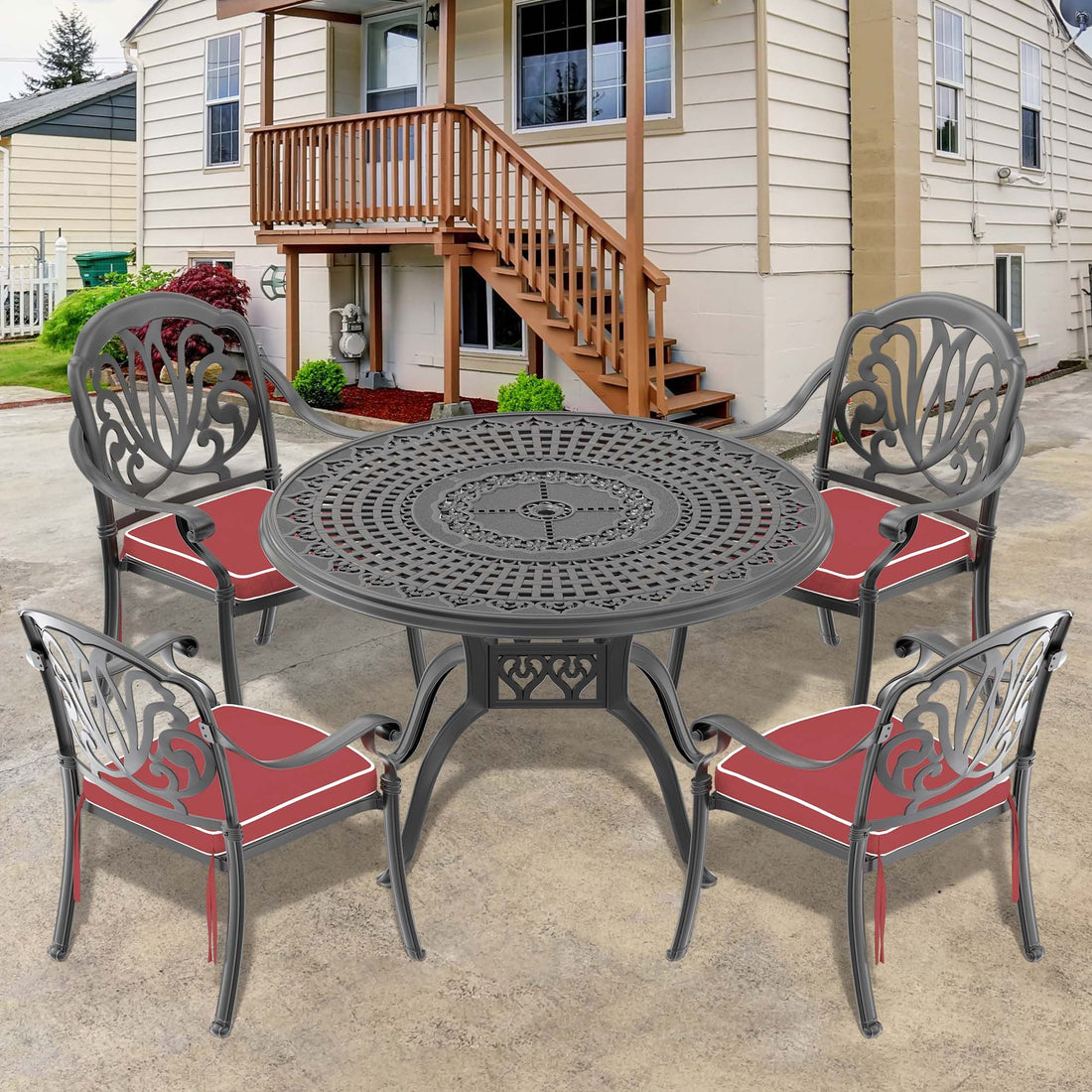 Cushions In Random Colors 5 Piece Set Of Cast Aluminum Patio Furniture With Cushions Yes Dining Set Black Seats 4 Rust Resistant Frame Water Resistant Cushion Garden & Outdoor Complete Patio Sets Aluminium