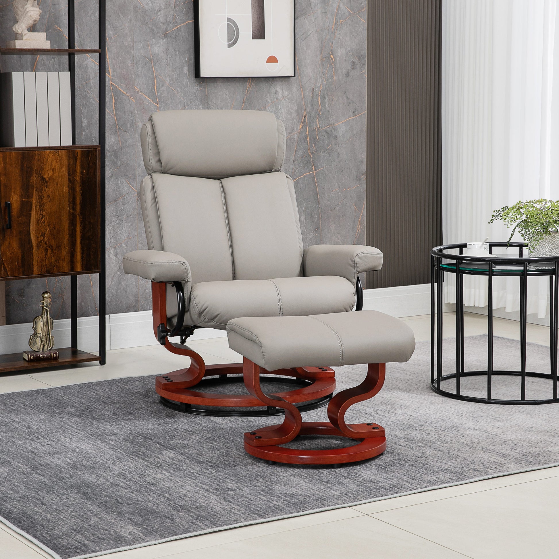 Homcom Recliner Chair With Ottoman, 360 Swivel Reclining Chair With Wood Base And Matching Footrest, Grey Grey Pu