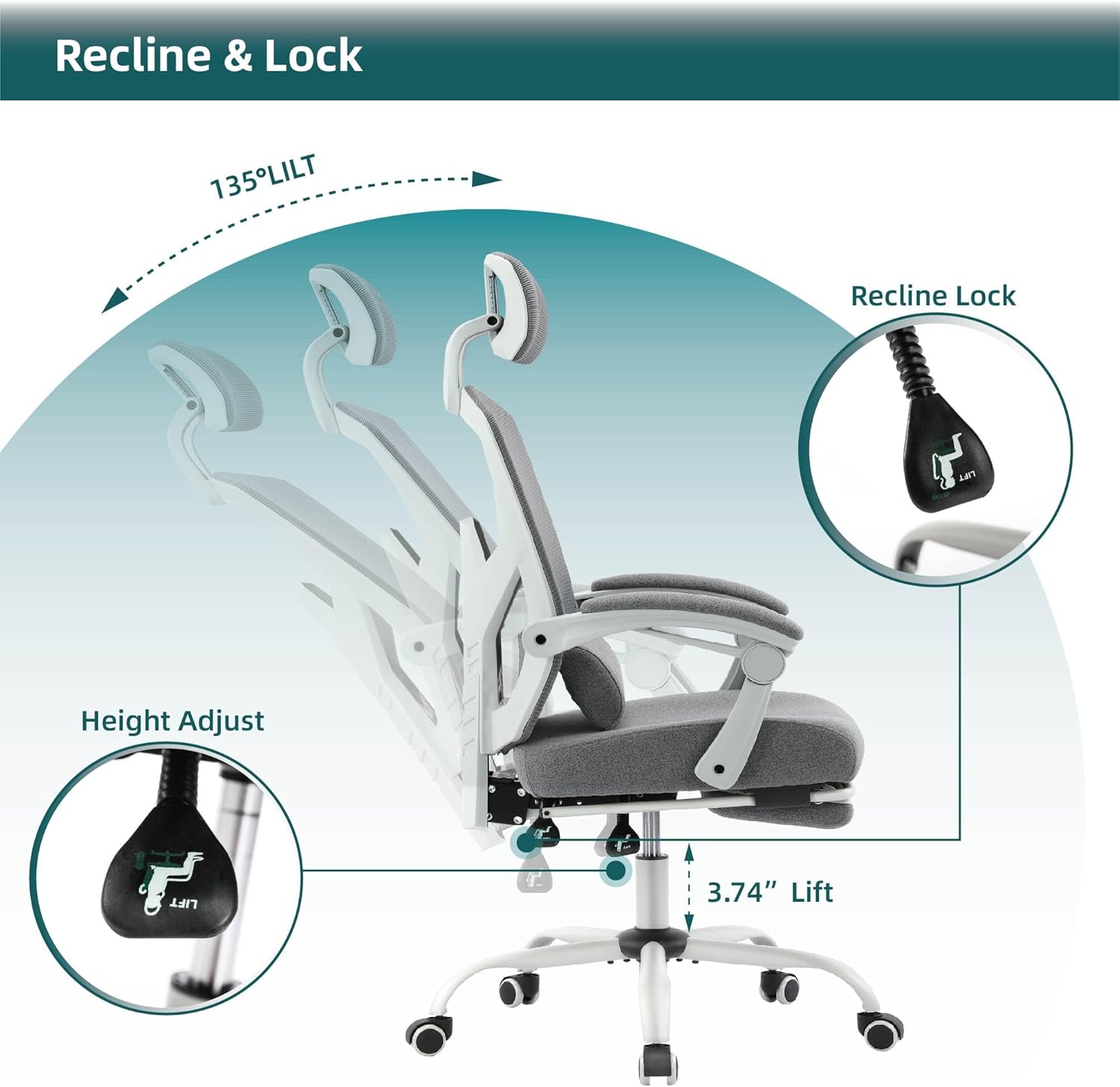 Retractable Footrest Ergonomic Swivel Office Chair With Lumbar Support Pillow And Padded Armrests, Grey Grey Metal