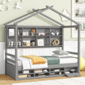 Twin House Bed With Roof Frame, Bedside Shelves, Under Bed Storage Unit,Grey Twin Grey American Design Pine