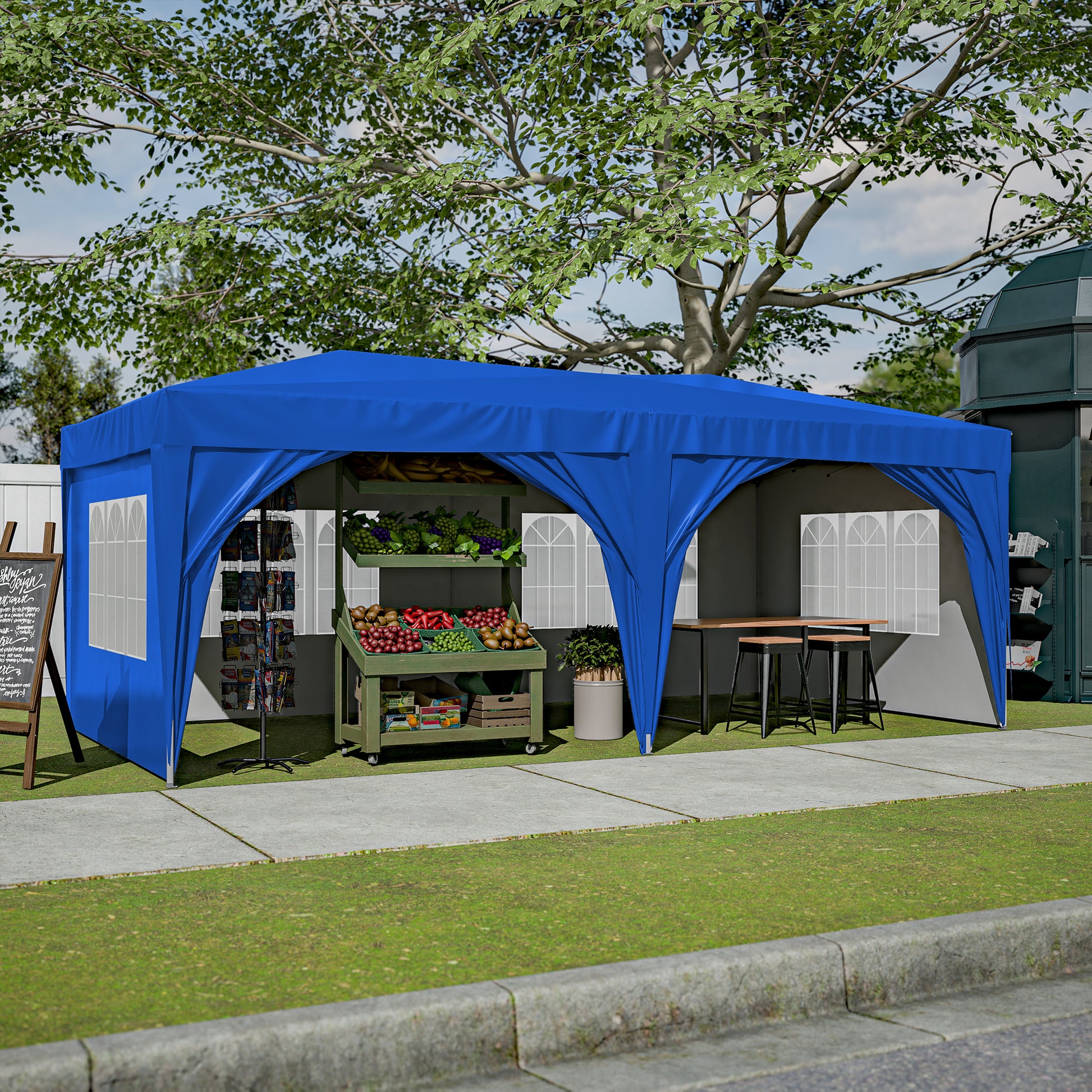 10'X20' Pop Up Canopy Tent With 6 Sidewalls, Ez Pop Up Outdoor Canopy For Parties, Waterproof Commercial Tent With 3 Adjustable Heights, Carry Bag, 6 Sand Bags, 6 Ropes And 12 Stakes, Blue Blue Metal