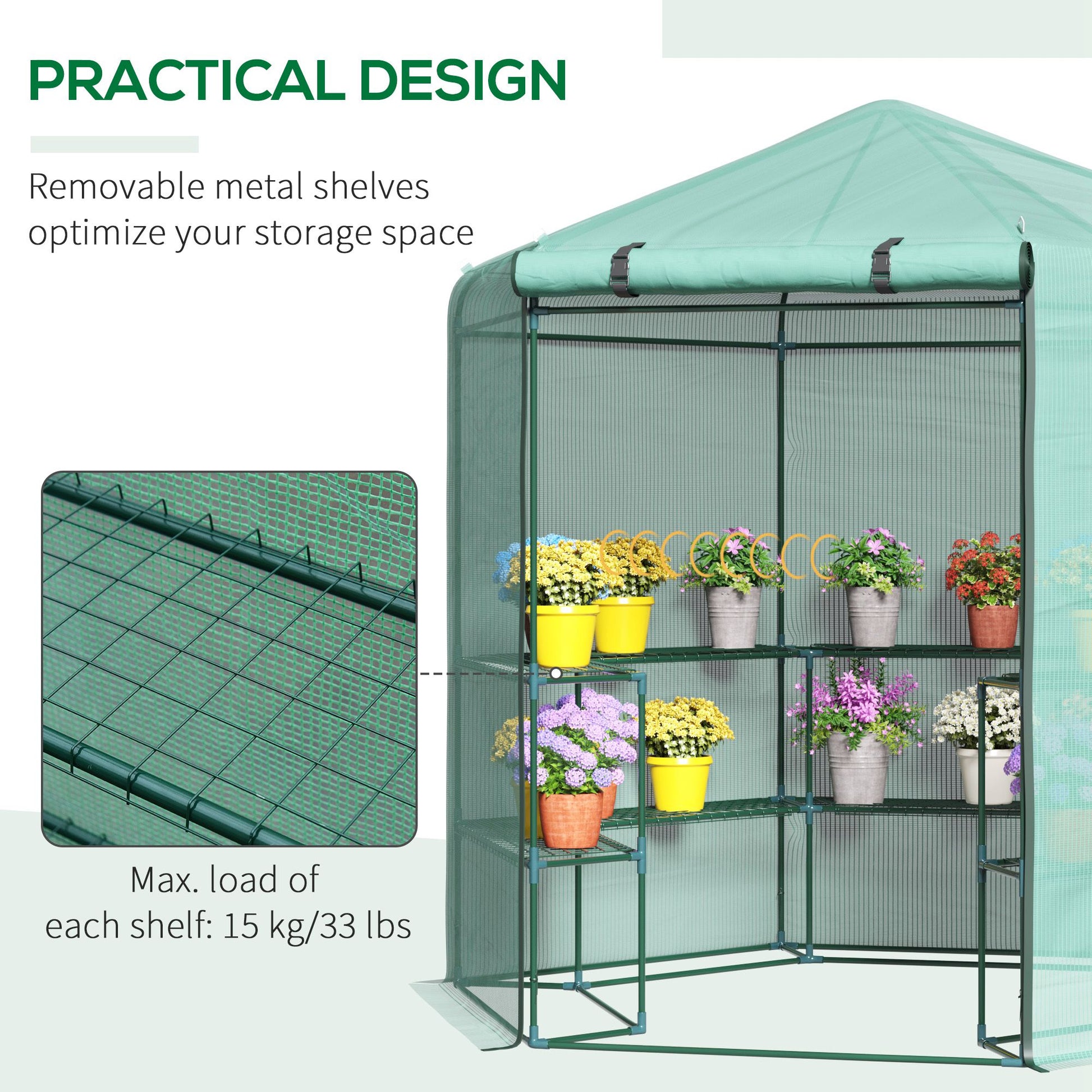 Outsunny Walk In Greenhouse Outdoor 3 Tier 10 Shelf Warm House Garden Hexagonal Hot House With Roll Up Zipper Door & Steel Frame Green Pvc